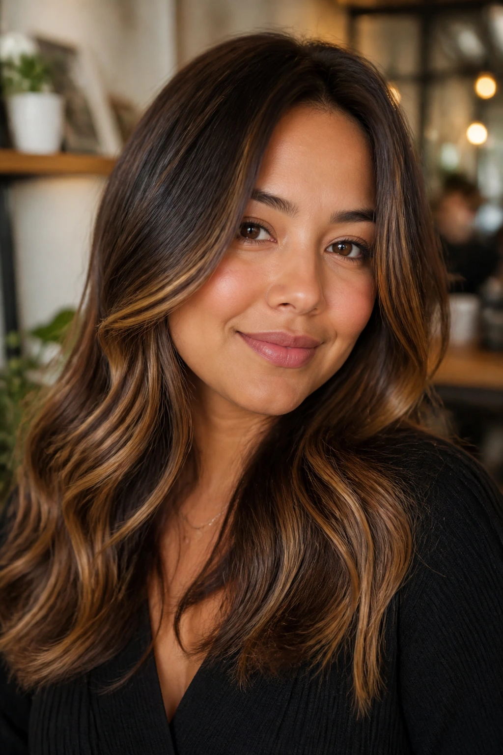 Close-up of hair with brown sugar ribbon lights and sun-kissed warmth