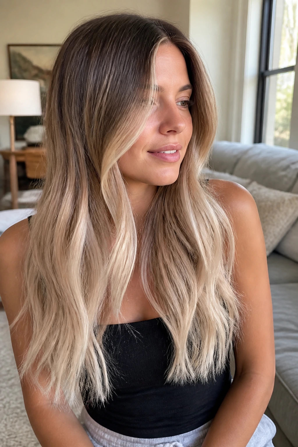 Close-up of hair gradient from medium brown to vanilla blonde