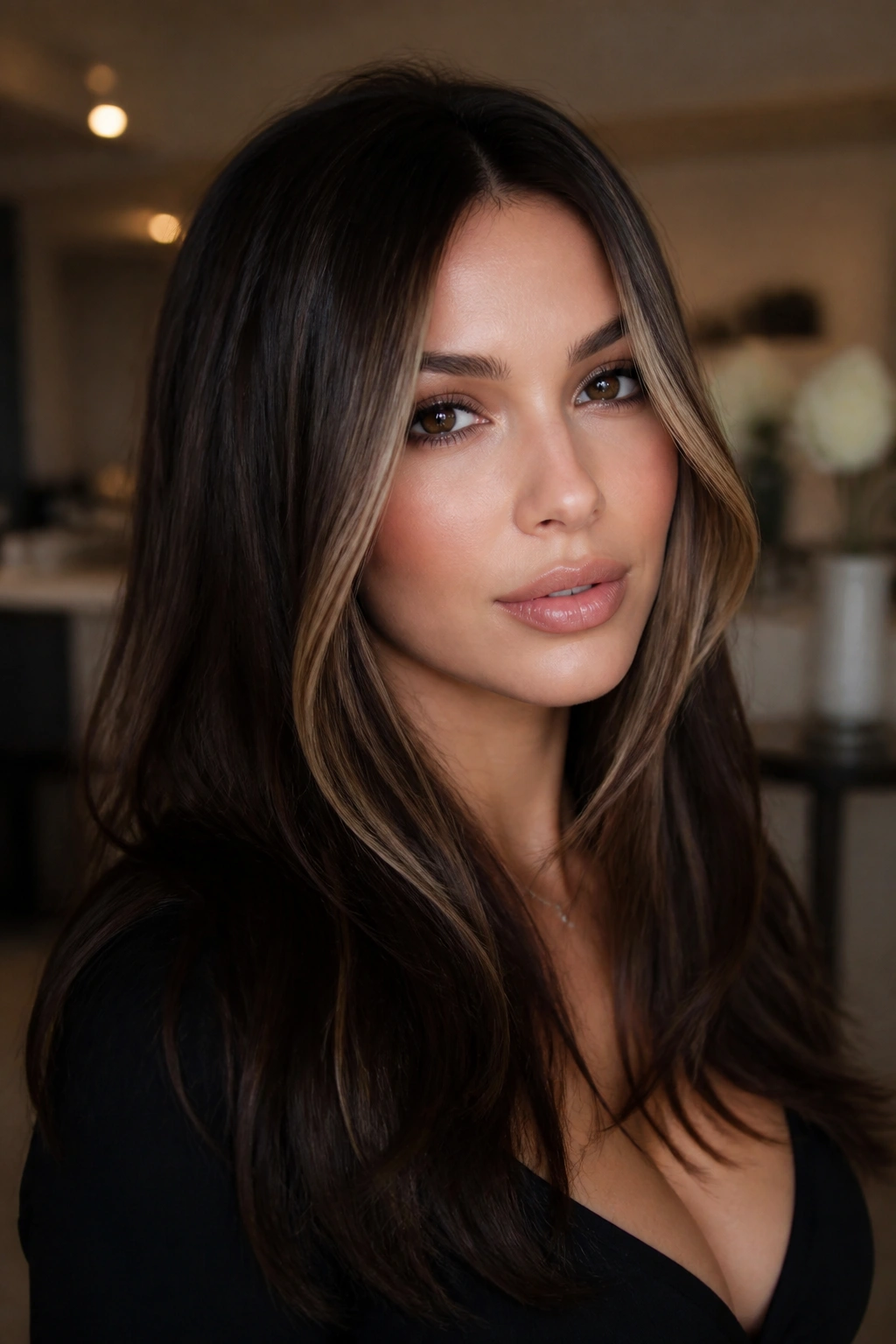 Close-up of a real person showing brown velvet hair with a narrow vertical face frame in warm indoor lighting