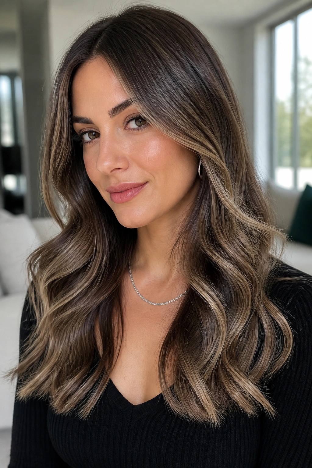 Close-up of brownie brunette with pearly caramel balayage on long hair