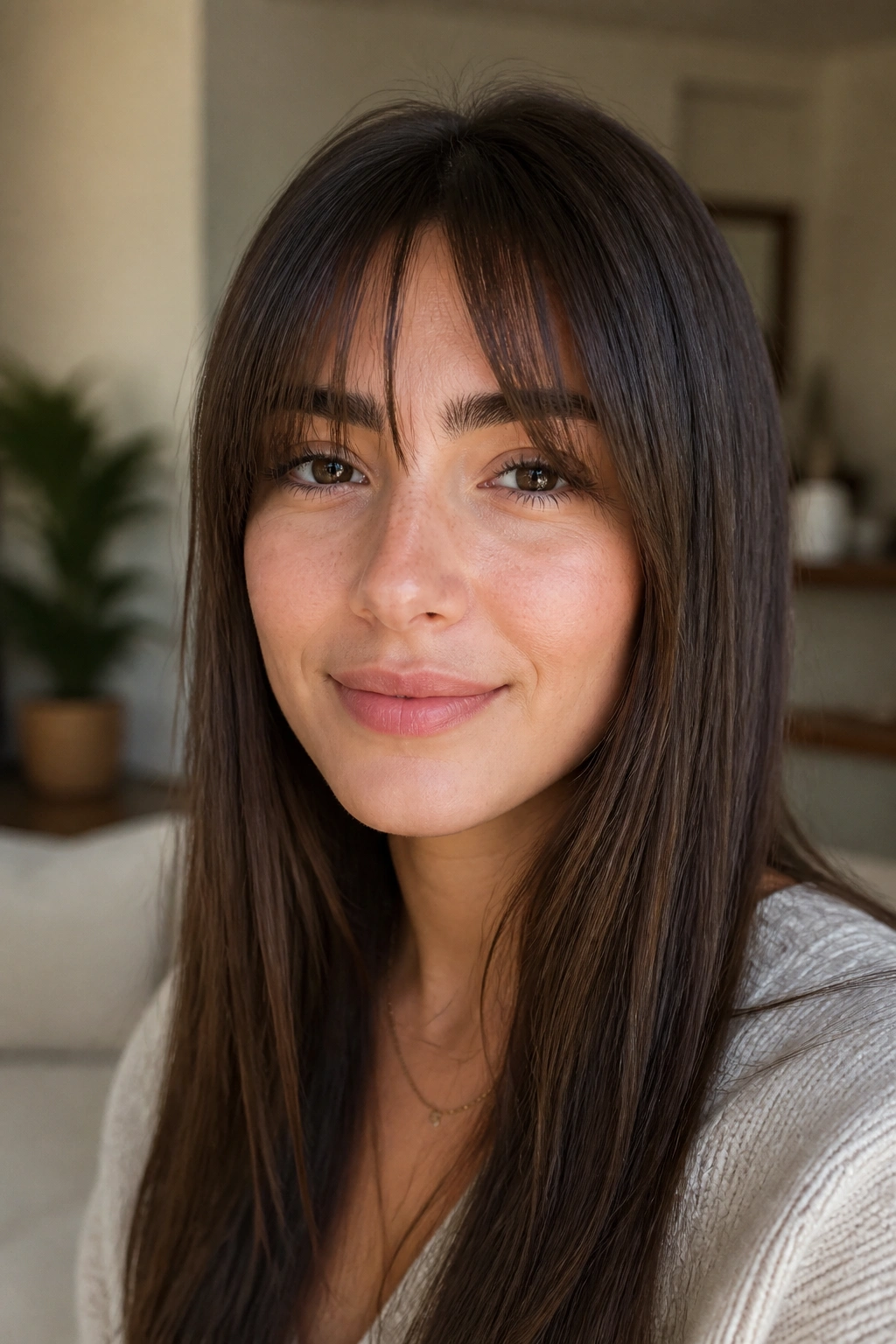 Real woman with brows-visible bangs and tiny center gap.