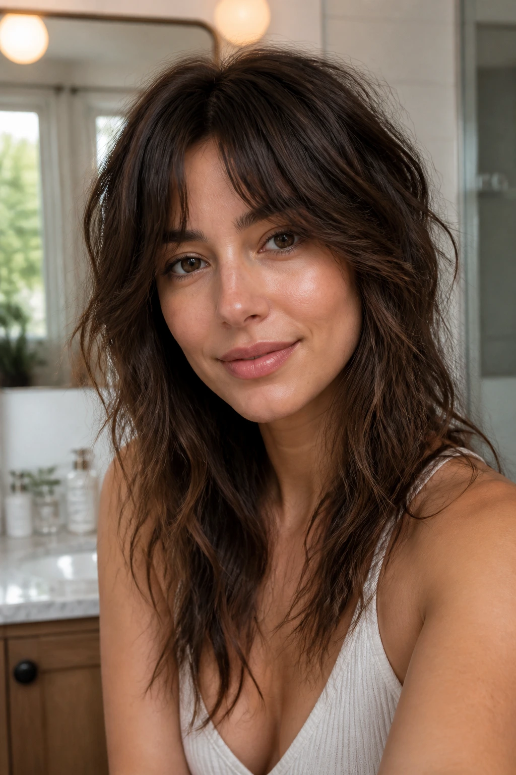 Brunette with air-dried wavy shag in morning light