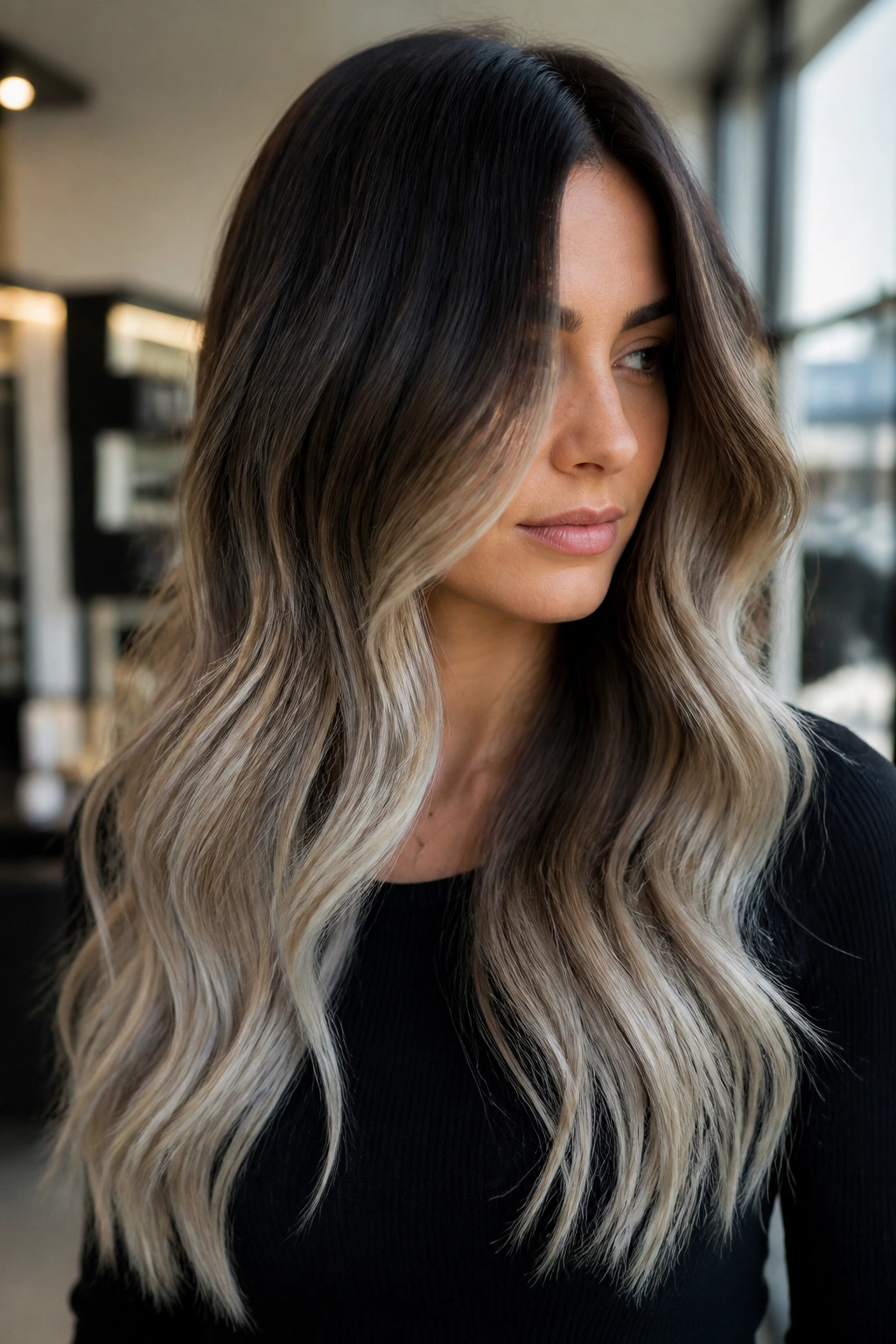Close-up of brunette-to-ash blonde fade on real person