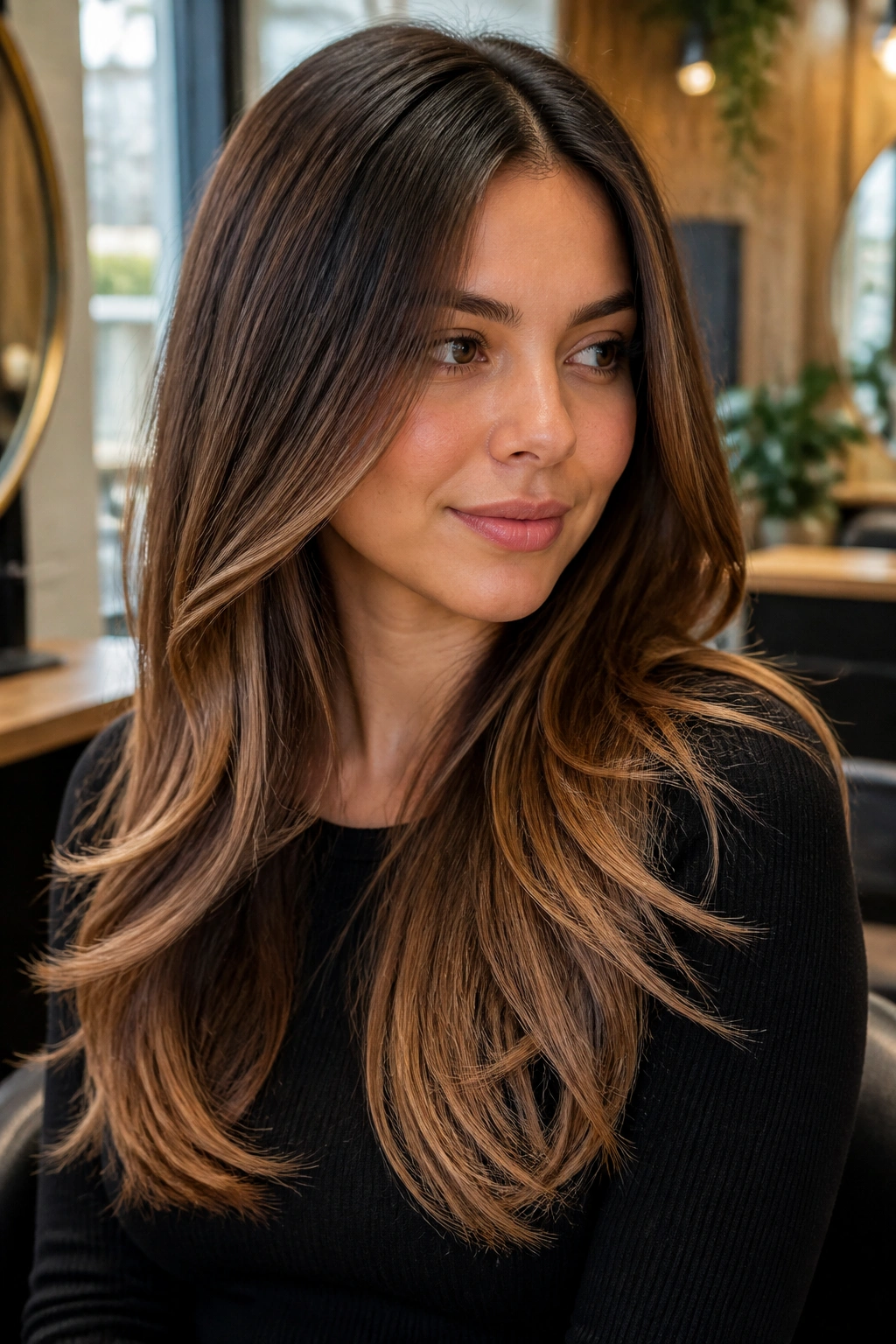 Close-up of a real woman with chocolate-to-caramel balayage melting into long layers