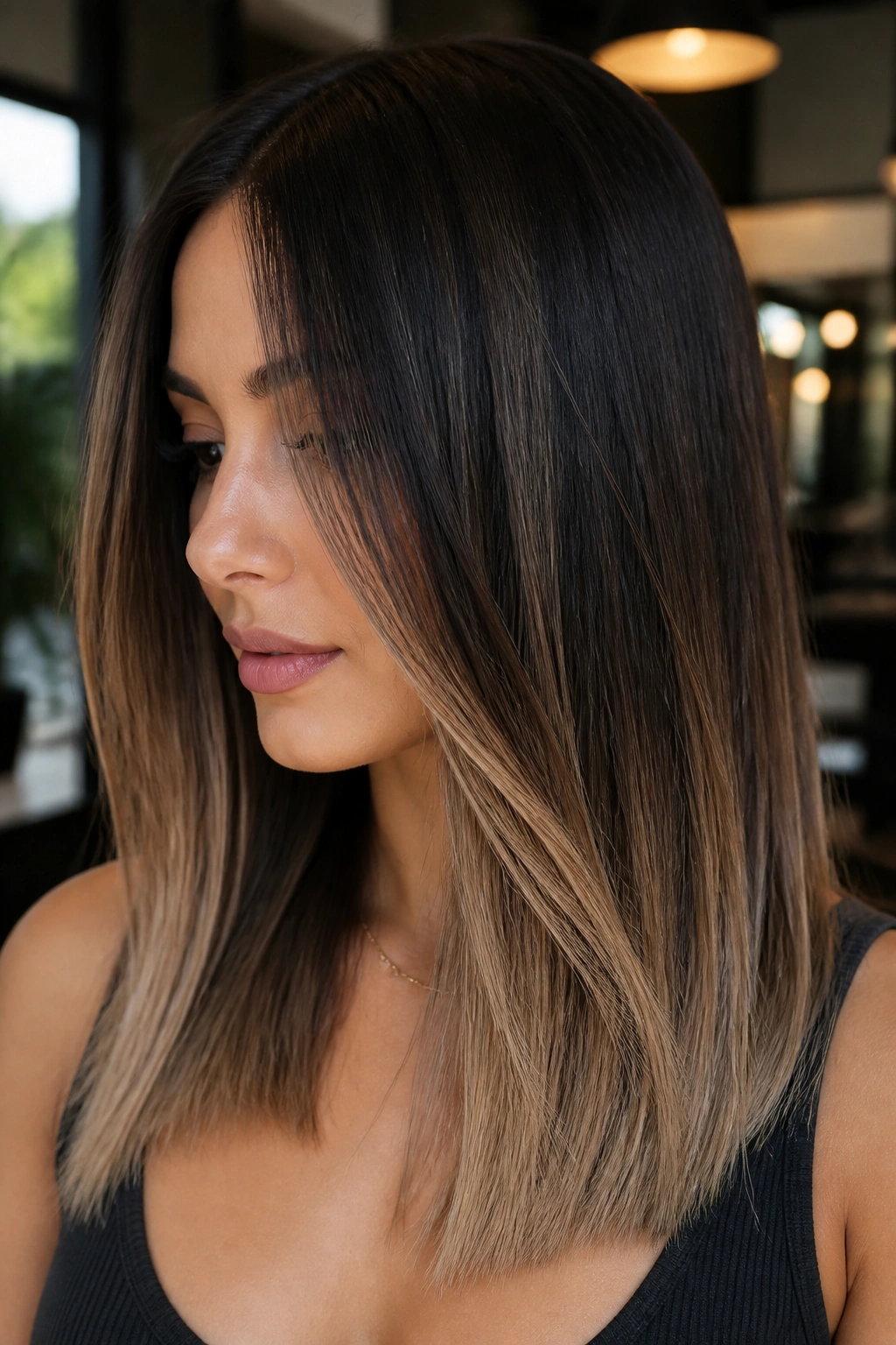 Close-up of brunette with espresso-root and beige-end balayage in a chic salon