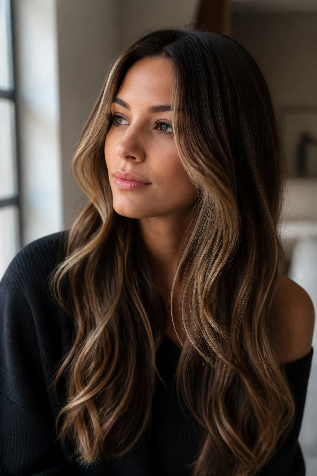 Close-up of long brunette balayage with face-framing glow