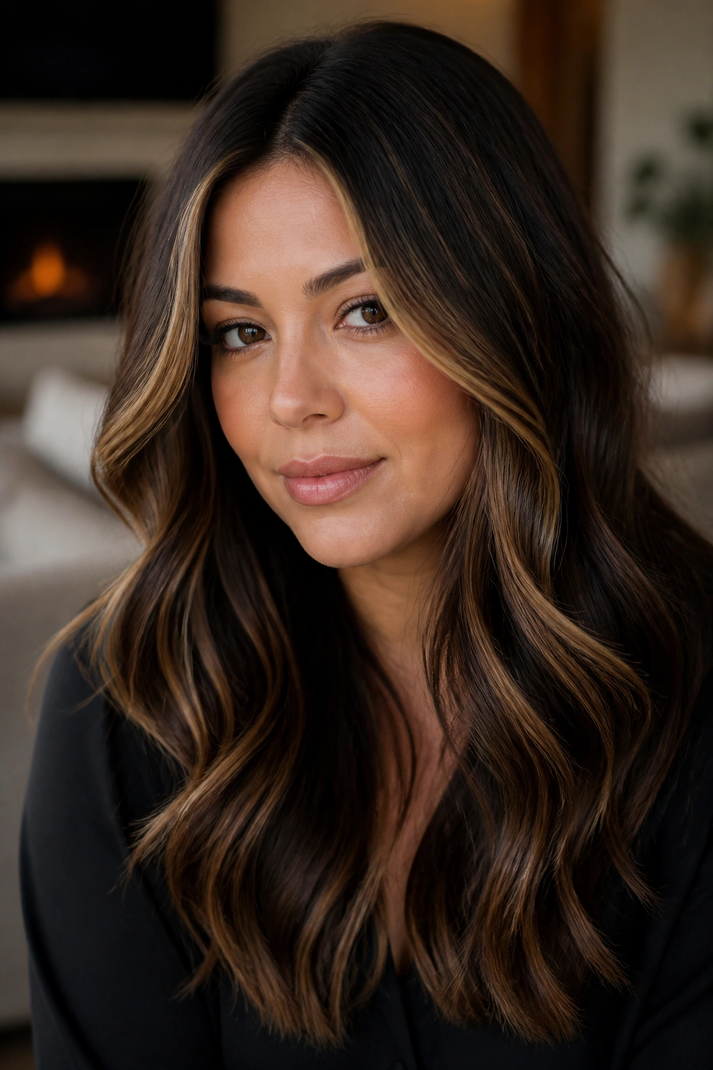 Portrait of a brunette with honey veil balayage around the face