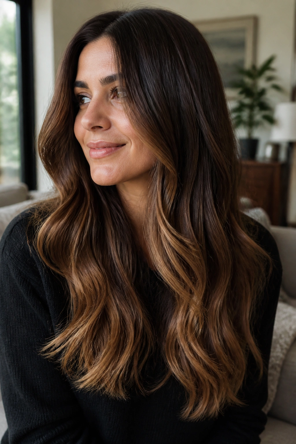 Close-up of a real woman with brunette balayage and honeyed tips in window light
