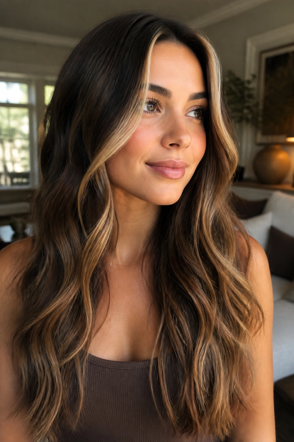 Close-up of a real woman with brunette balayage ombre and a bright money piece around the face