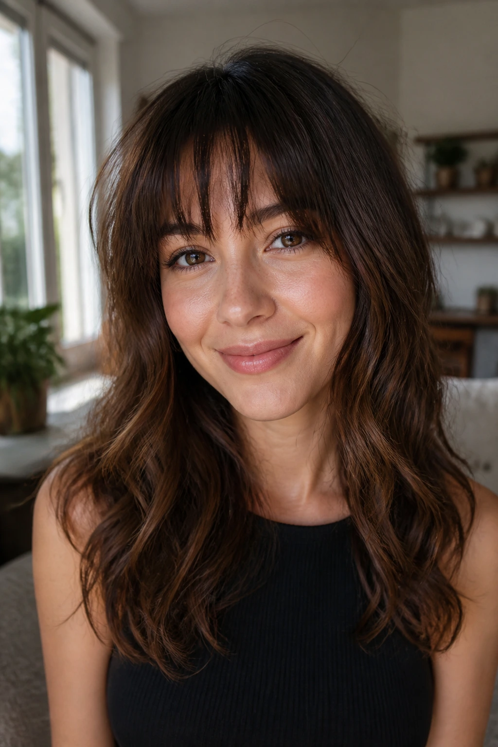 Close-up of brunette woman with choppy bangs and soft waves in natural light.