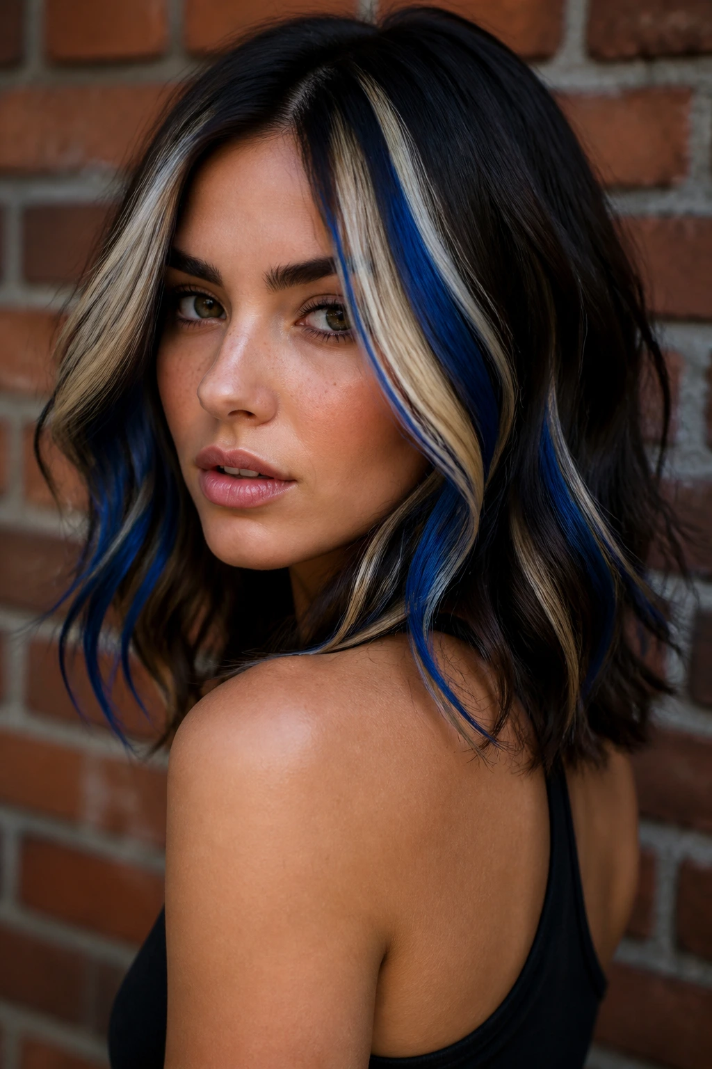High-contrast brunette with stripey blonde blue blocks on a real person.