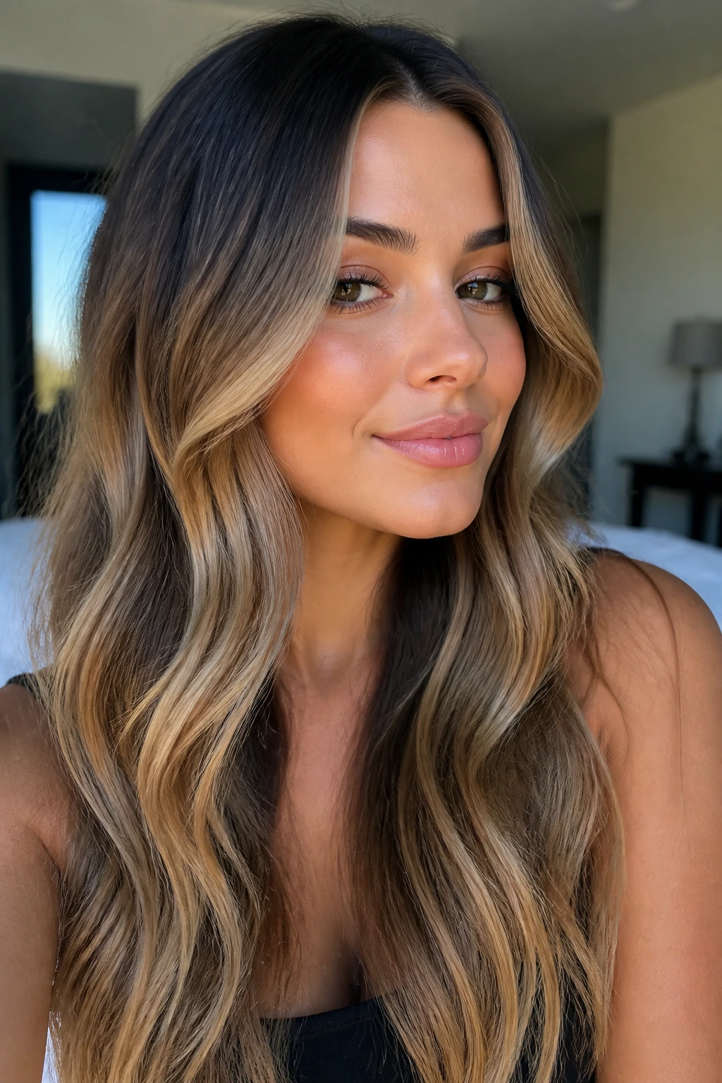 Close-up portrait of a real woman with brunette-to-blonde face-framing ombre
