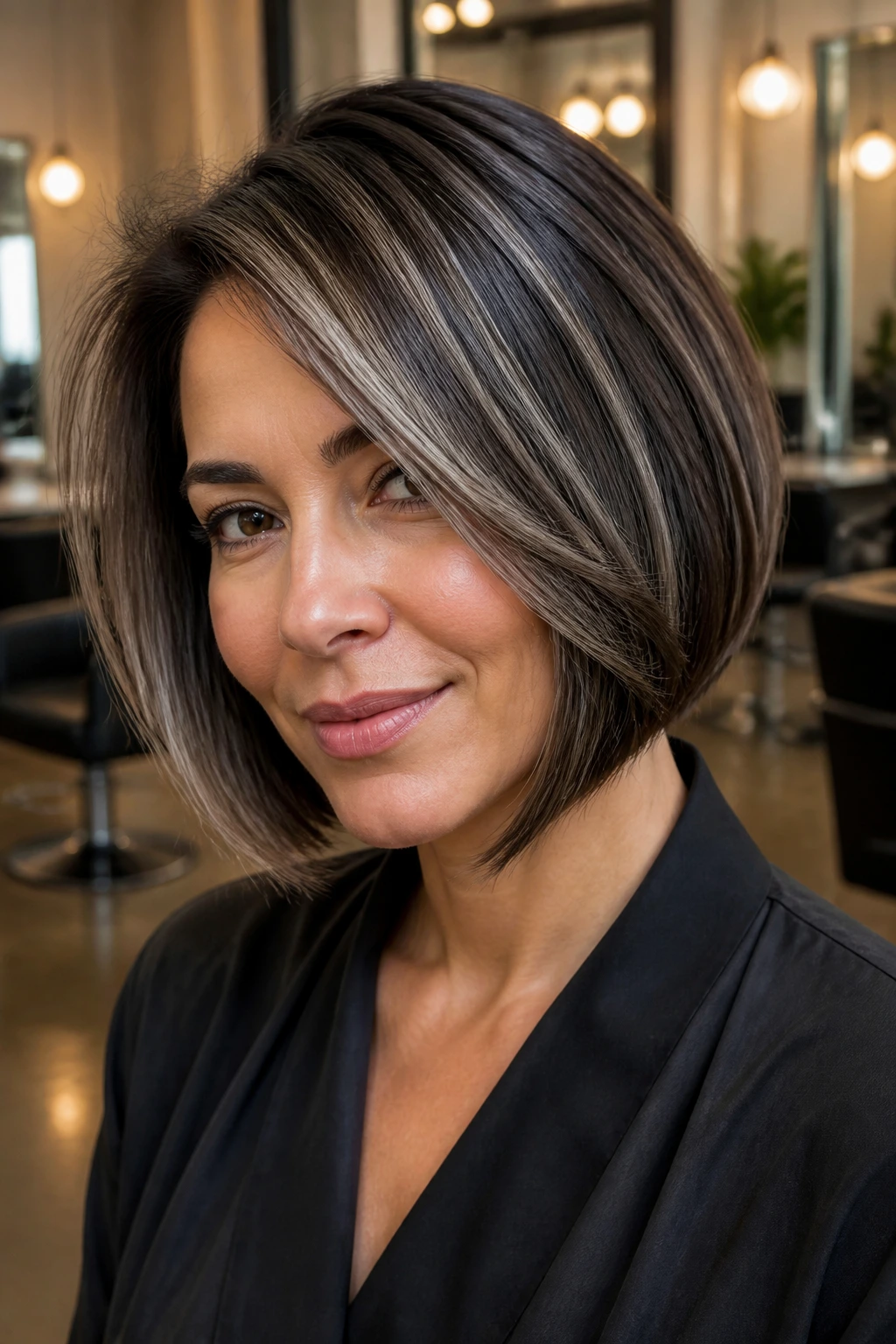 Close-up of real woman with a brunette bob and ash veil highlights