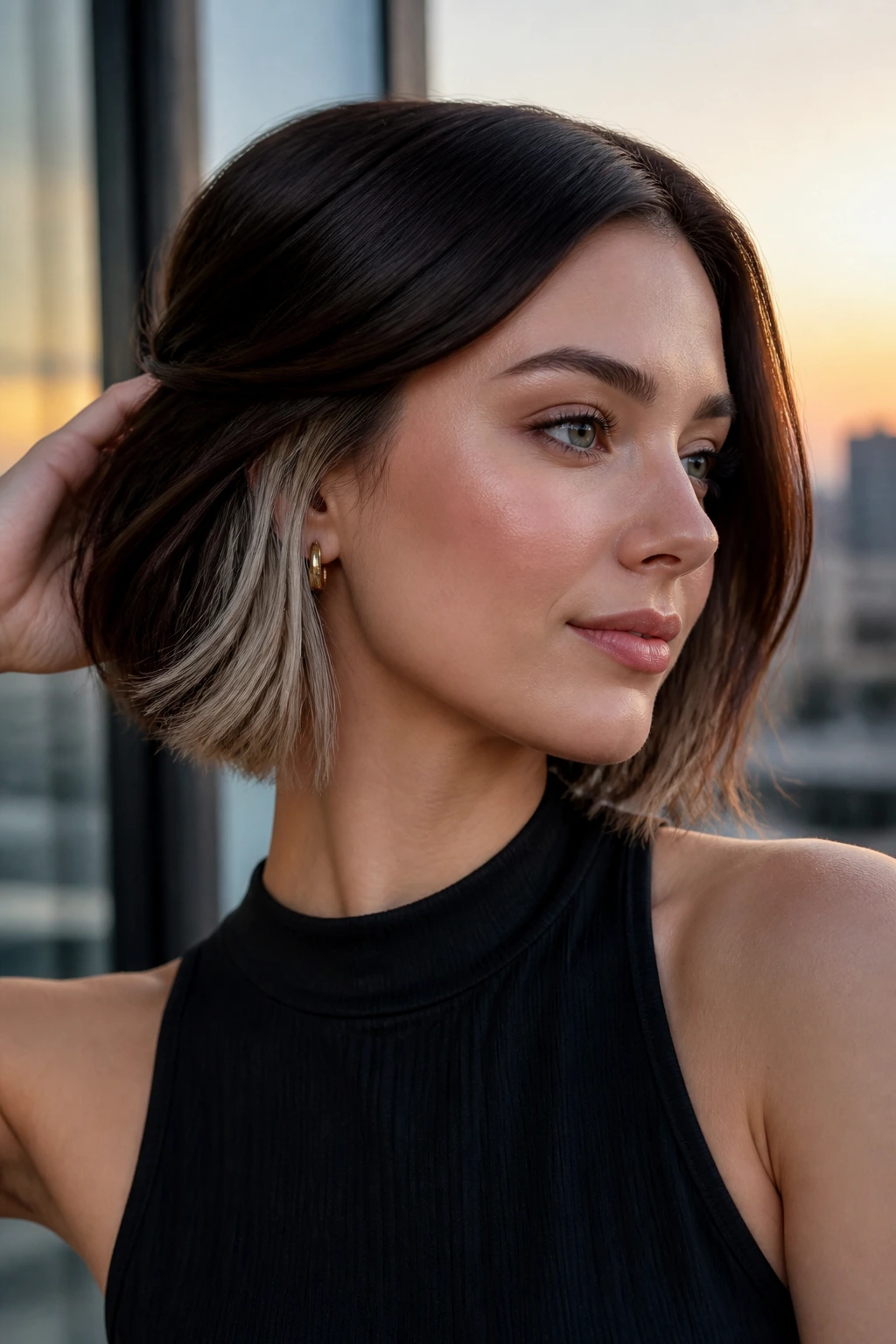 Close-up of a real woman with a brunette bob and frosted underlayers peeking through.