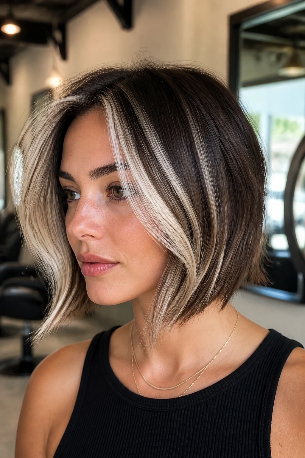 Brunette bob with bright platinum slices on a real person