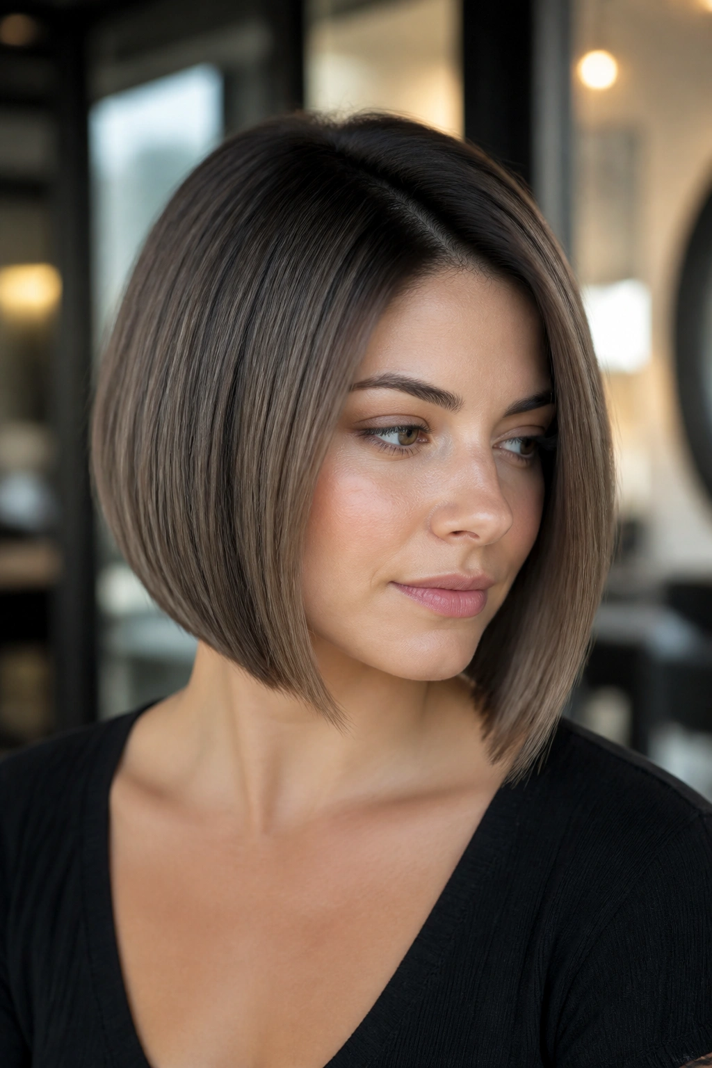 Portrait of a woman with a cool brunette bob and shadow root in natural light.