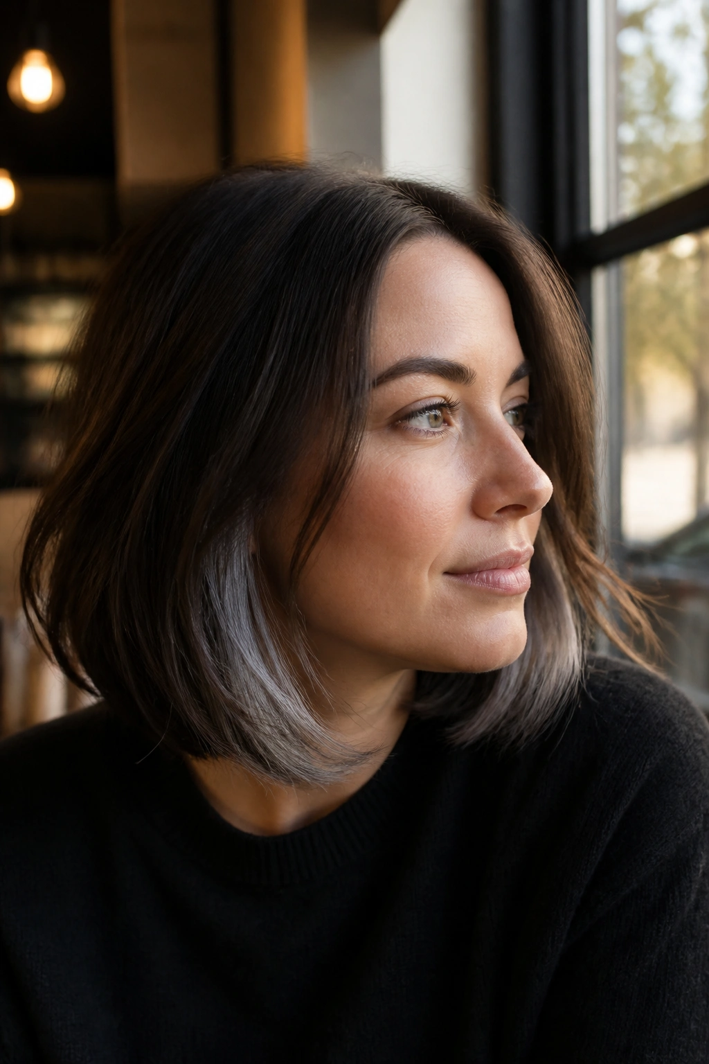 Portrait of a real woman with a brunette bob and silver underlights visible as hair moves.
