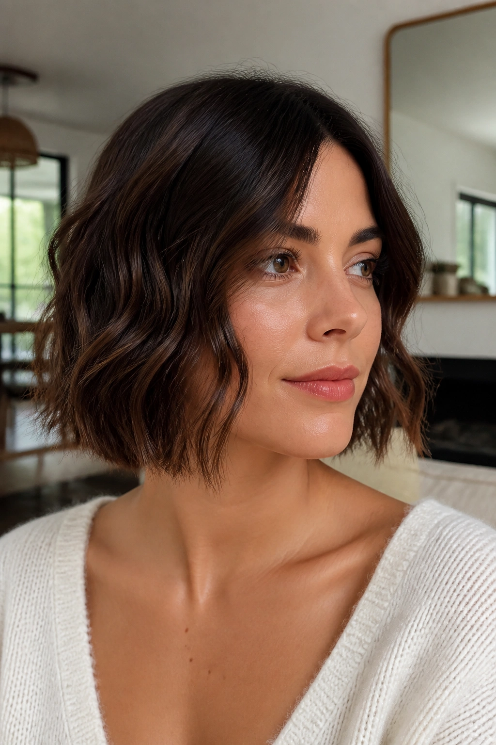 Real woman with a brunette bob and soft waves in daylight.
