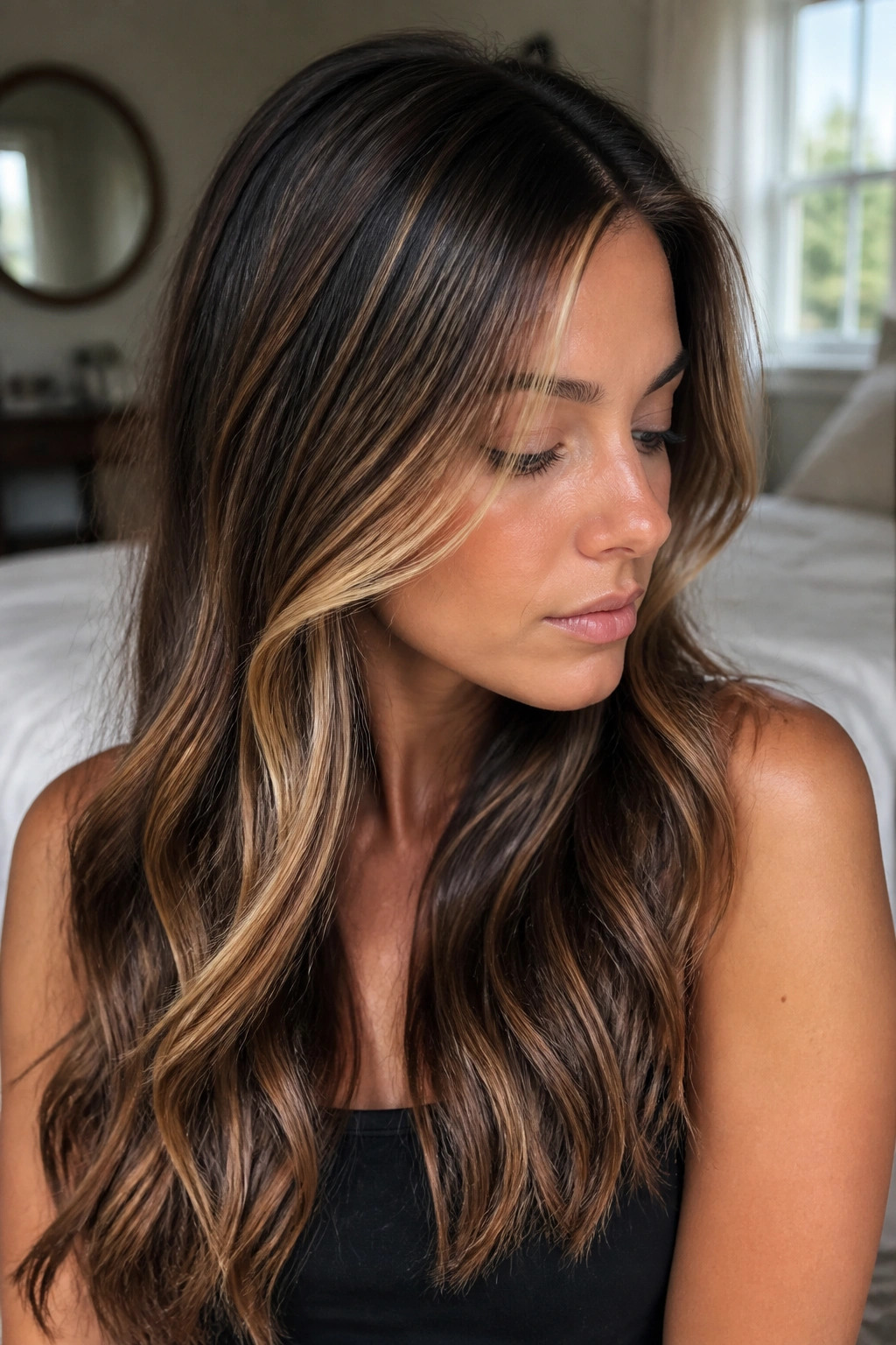 Brunette hair with babylights and caramel highlights around the hairline.