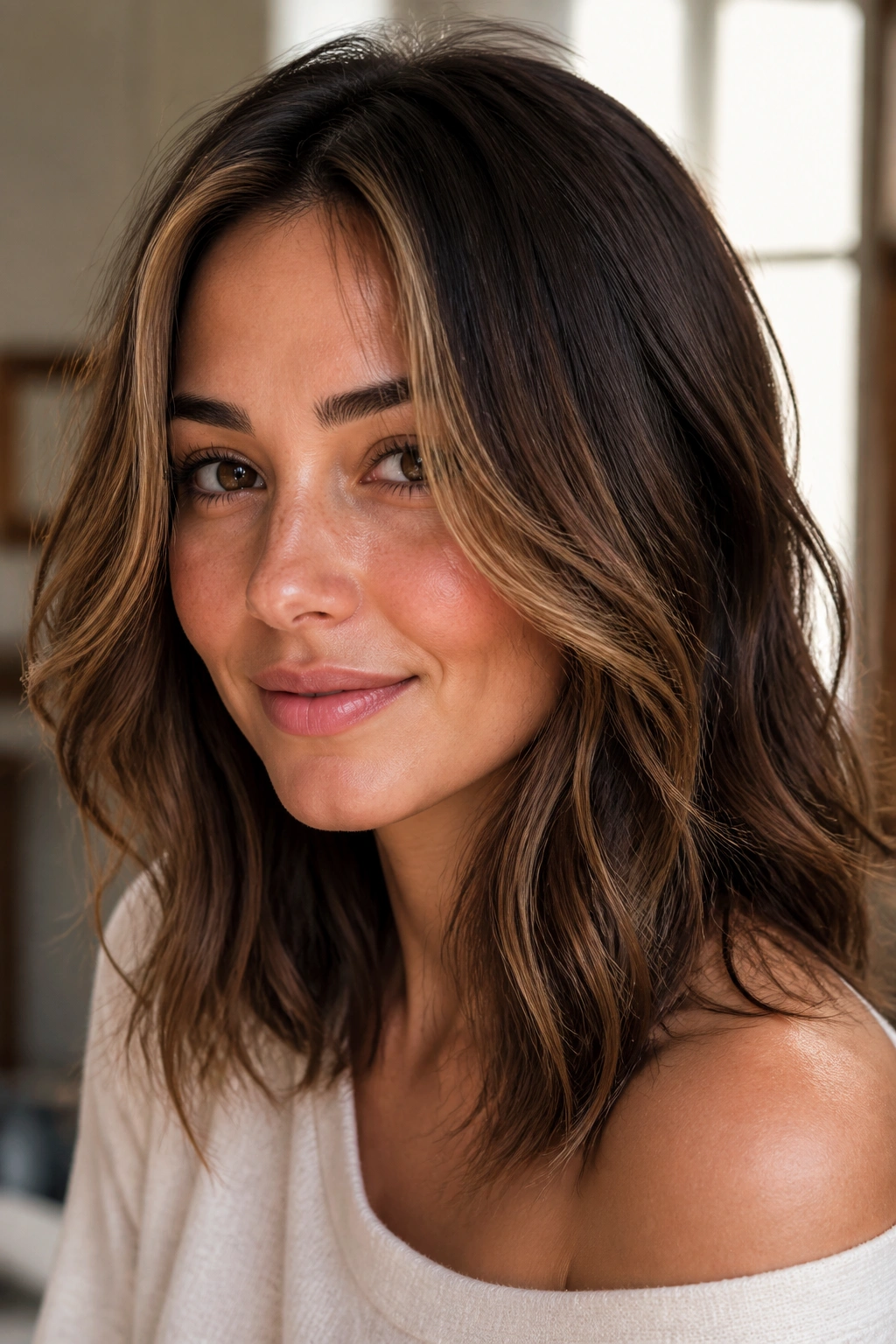 Close-up of a real woman's face with caramel face-framing highlights on brunette hair