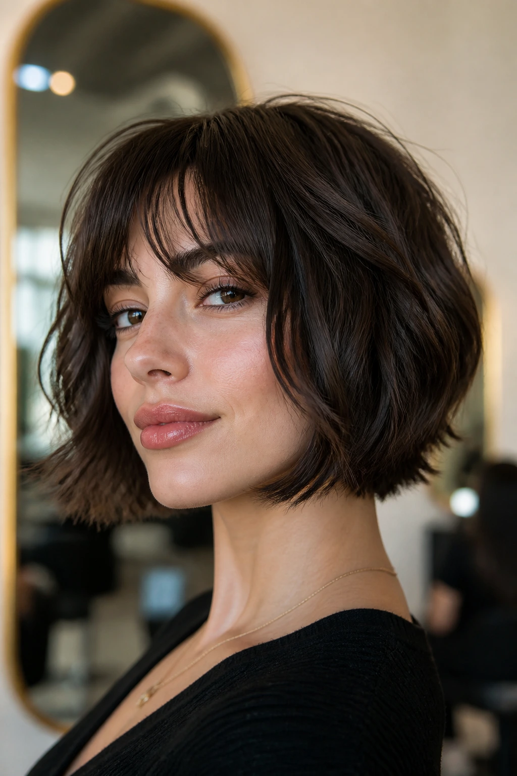 Close-up of brunette with chin-length shag bob lifting jawline