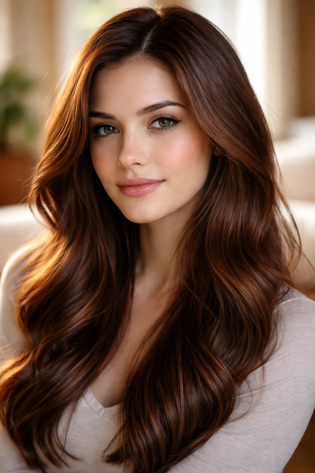 Close-up portrait of a real person with Cinnamon Tinted Brunette hair color, brunette base with a subtle cinnamon tint.