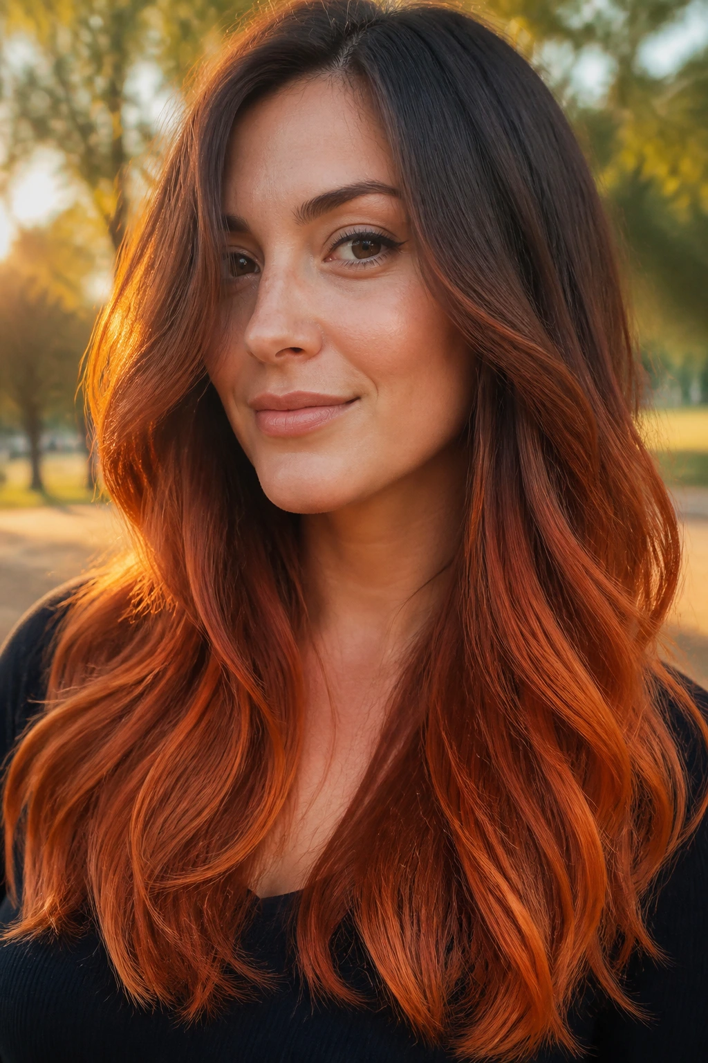 Close-up of long hair from brunette to tiger lily copper-red on a real woman