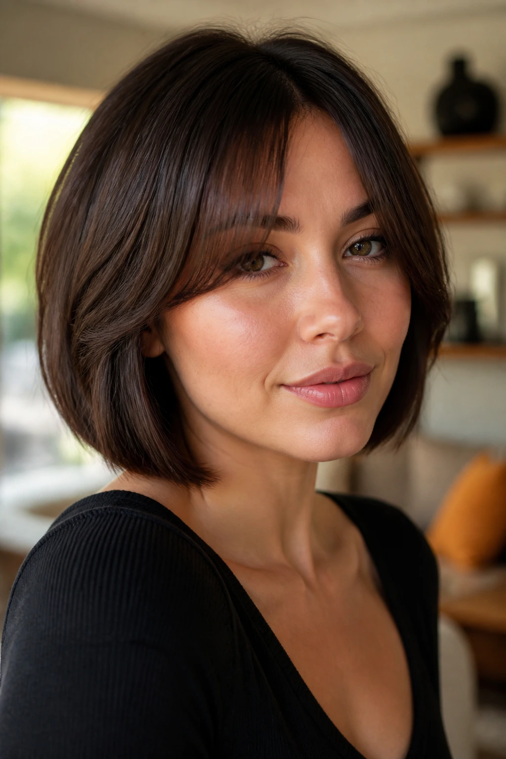 Close-up of real woman with brunette curtain bangs bob in warm living room light