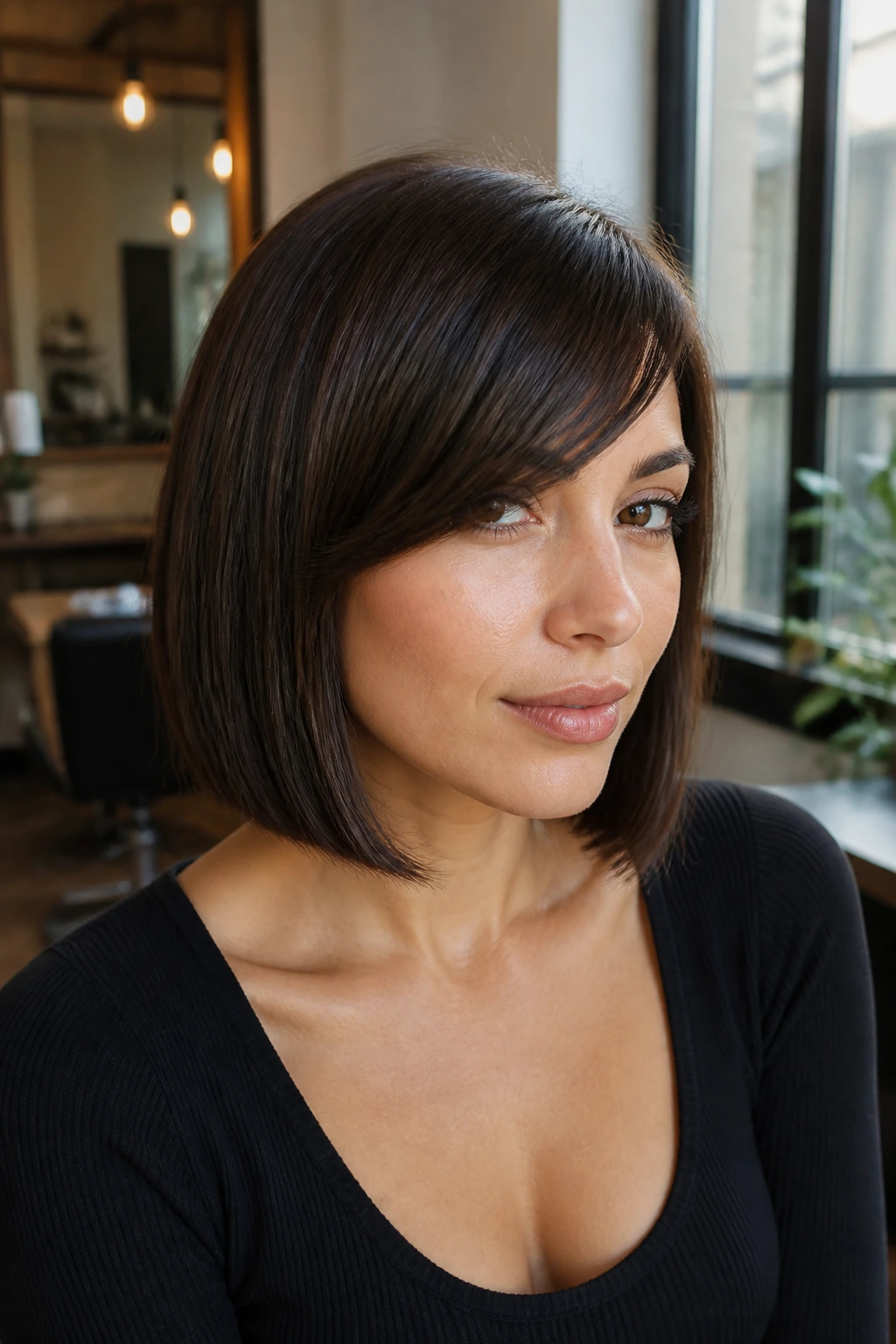 Close-up portrait of brunette woman with swept fringe and one-length lob in warm window light.