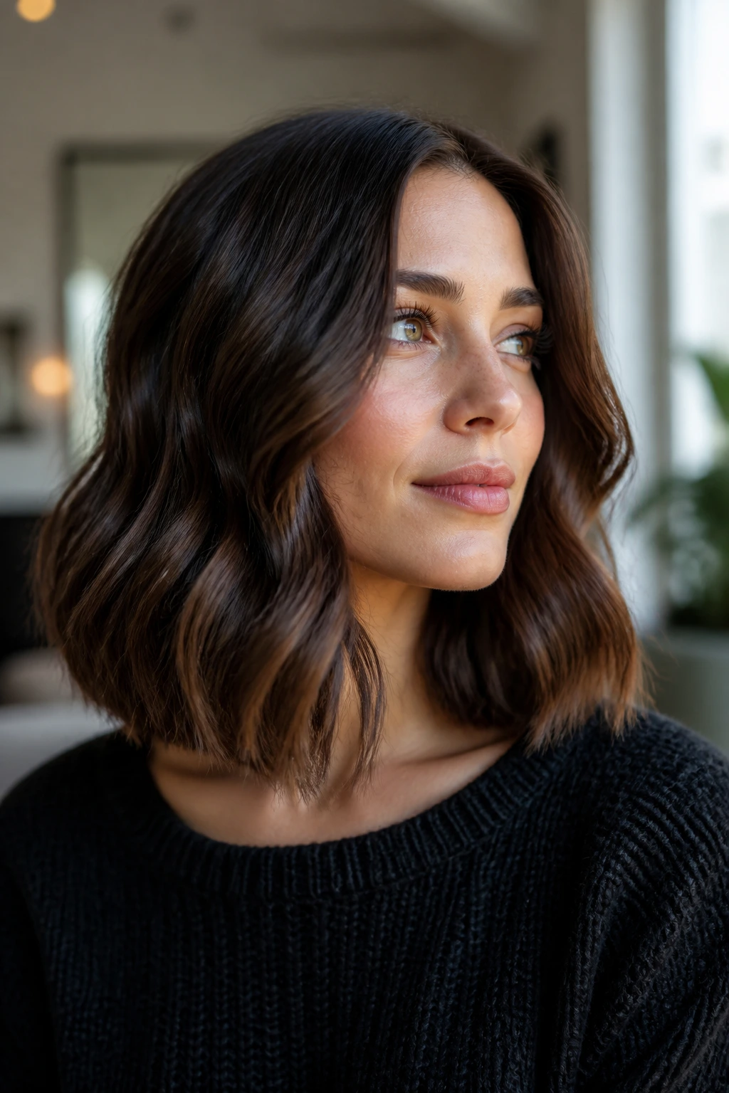 Real person with glossy brunette waves on a wavy lob