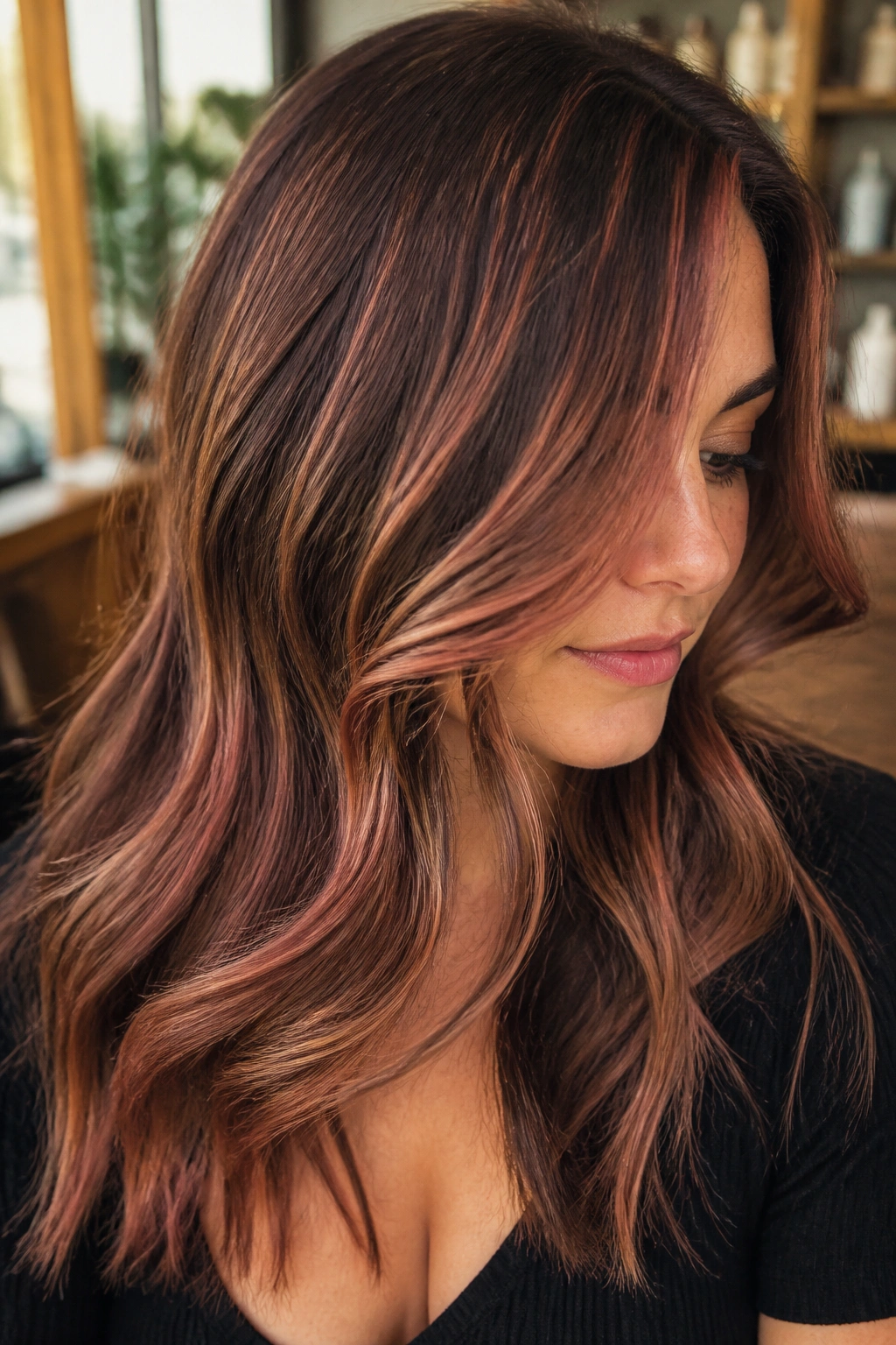 Close-up of a real woman with cinnamon blush highlights on brunette hair for easy grow-out