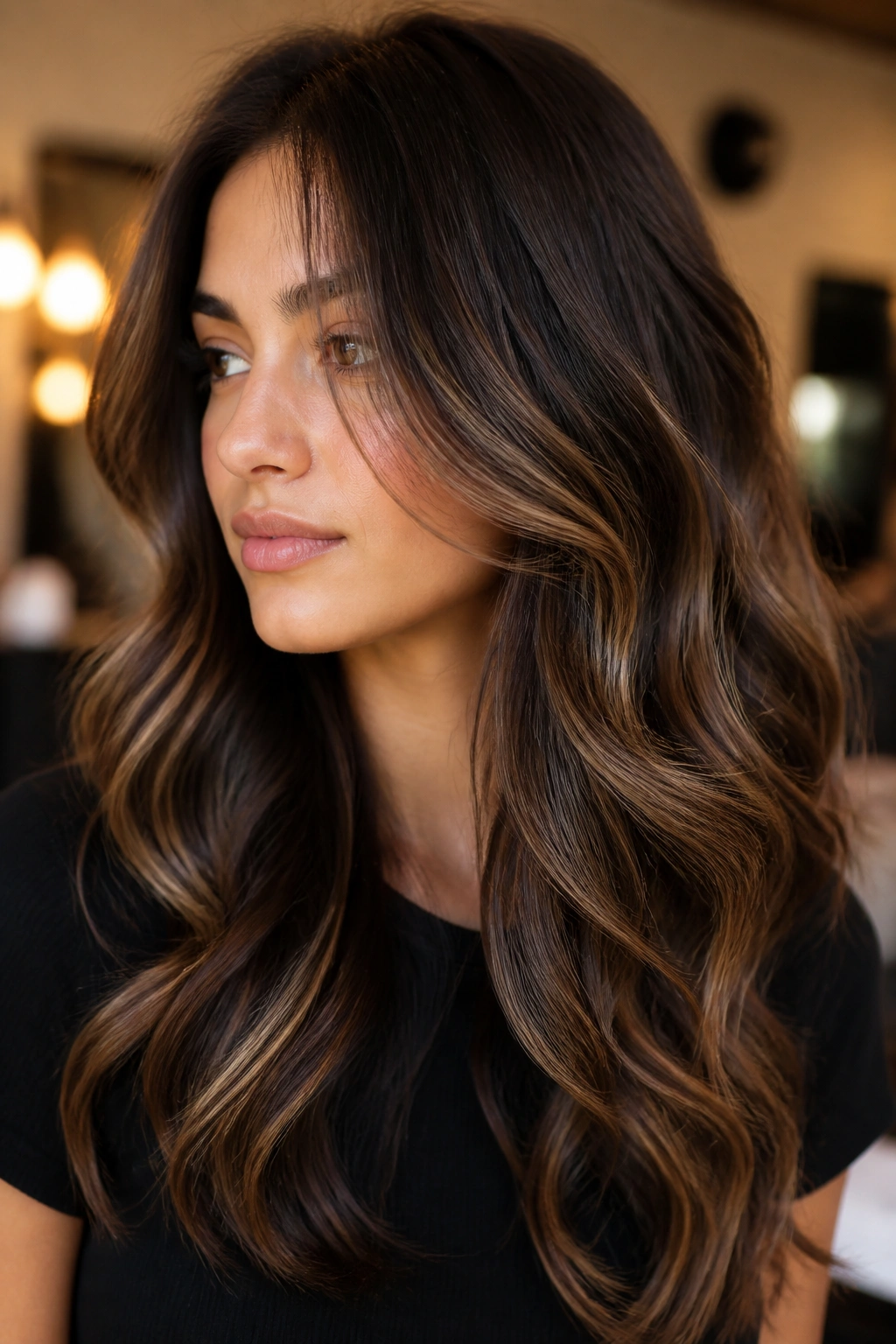 Close-up of a brunette with satin milk-chocolate highlights framing the face