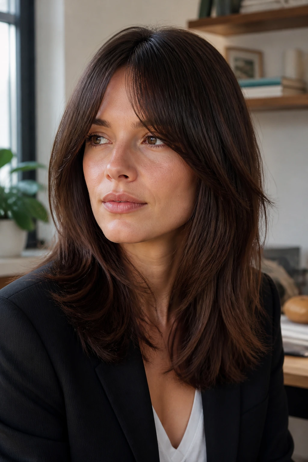 Brunette with invisible layered shag soft movement