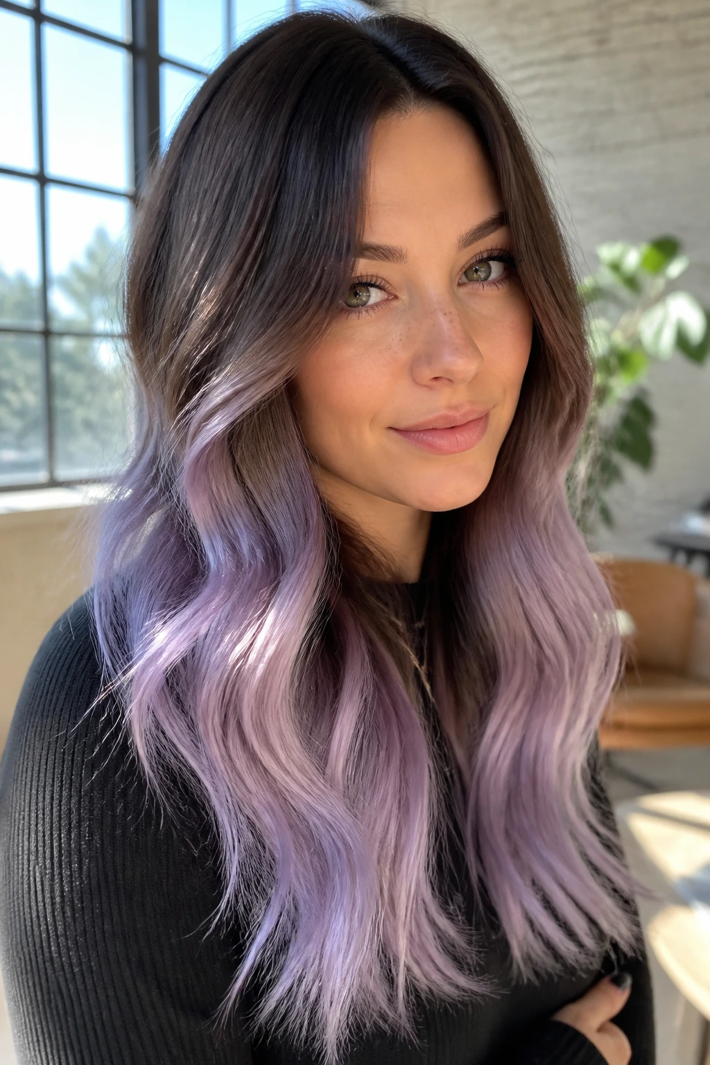 Close-up of a real woman with brunette-to-lavender fade and glossy ends under window light.