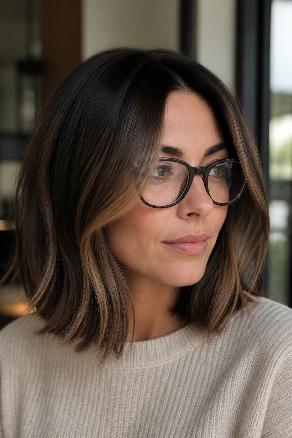 Close-up portrait of a brunette lob with ash-caramel contouring on cool skin.