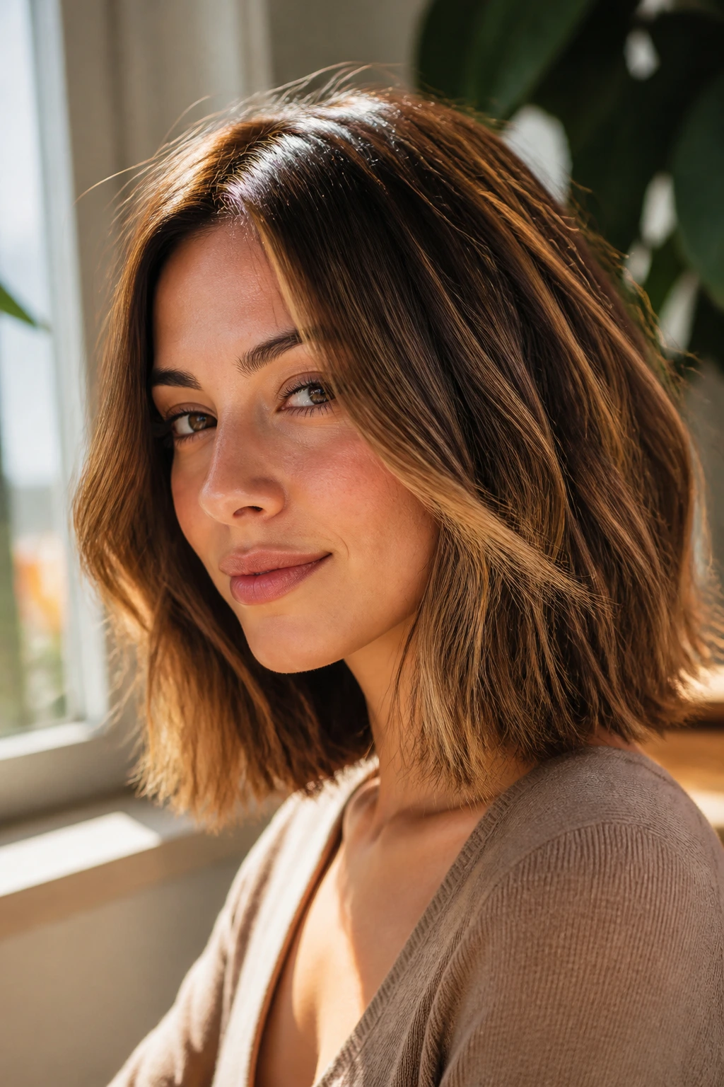 Brunette lob with soft sunlit veil on a real person in window light