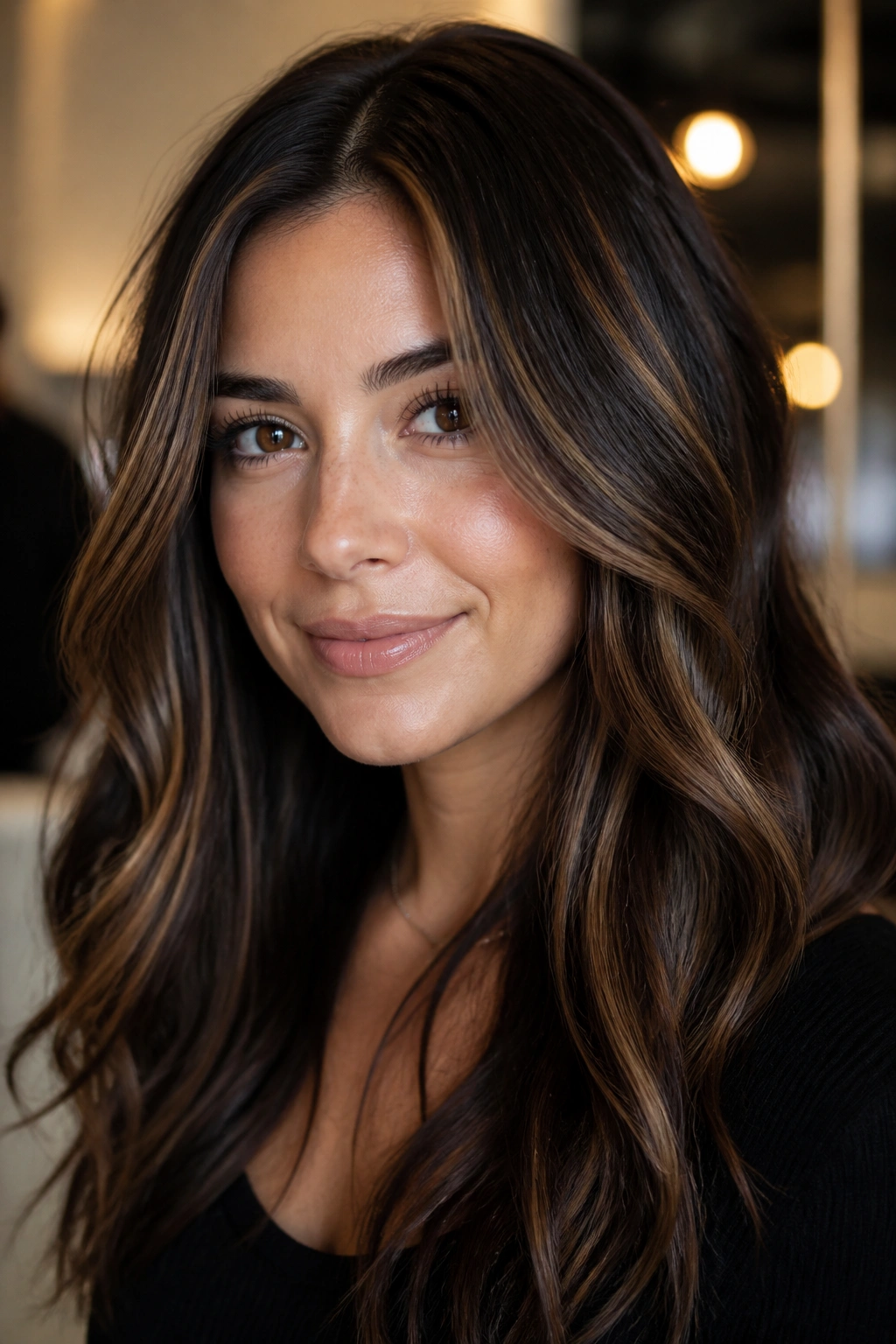 Deep brunette hair with bright vein highlights adding dimension to the silhouette