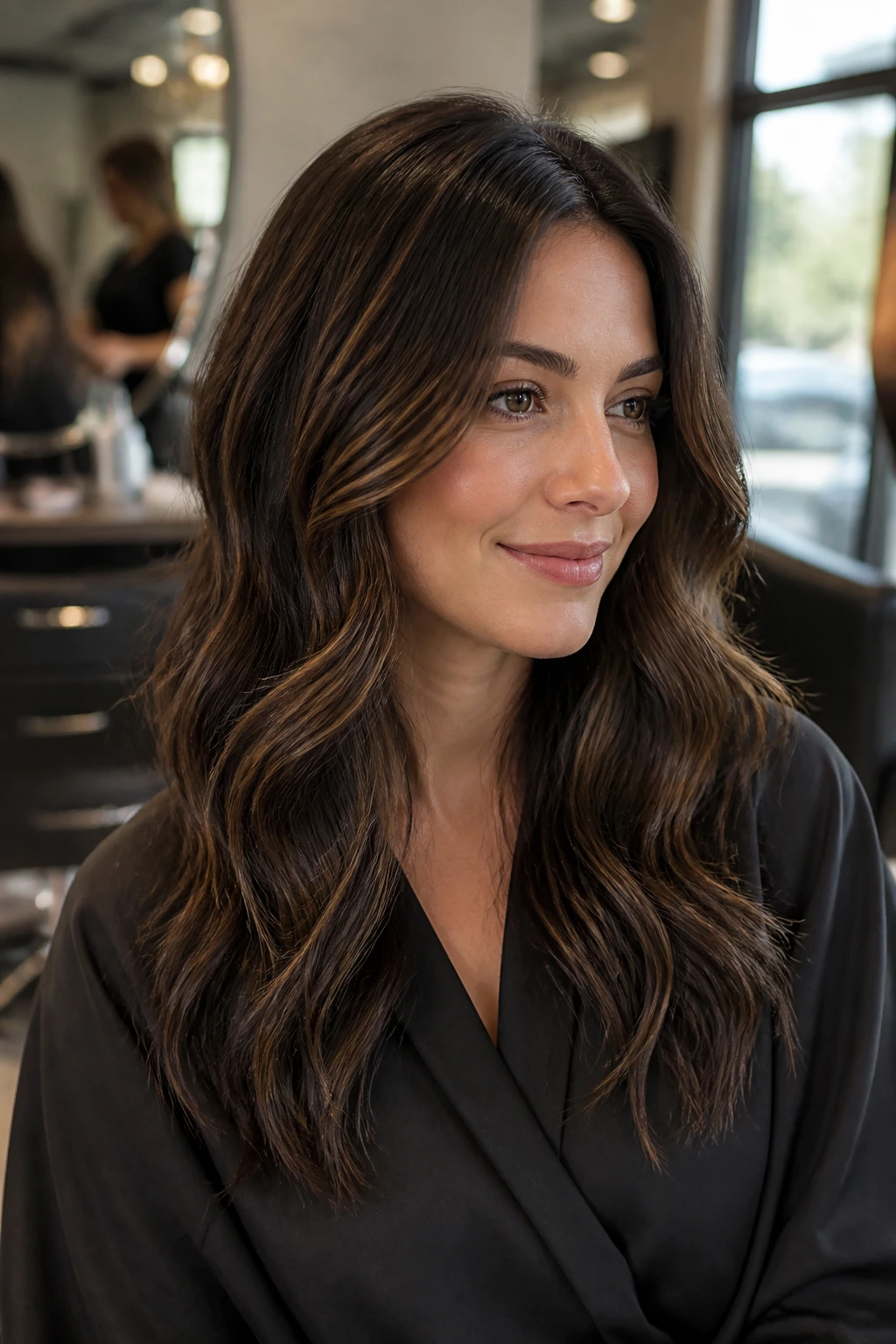 Close-up of brunette client in salon showing soft deep brown lowlights and glossy hair