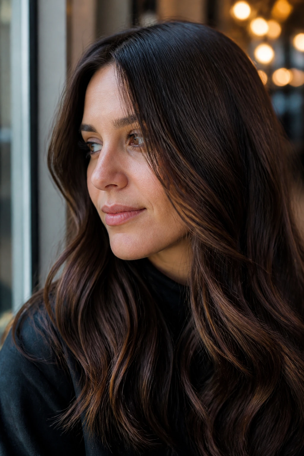 Close-up of a brunette with softly smudged chocolate lowlights blending seamlessly with old color.
