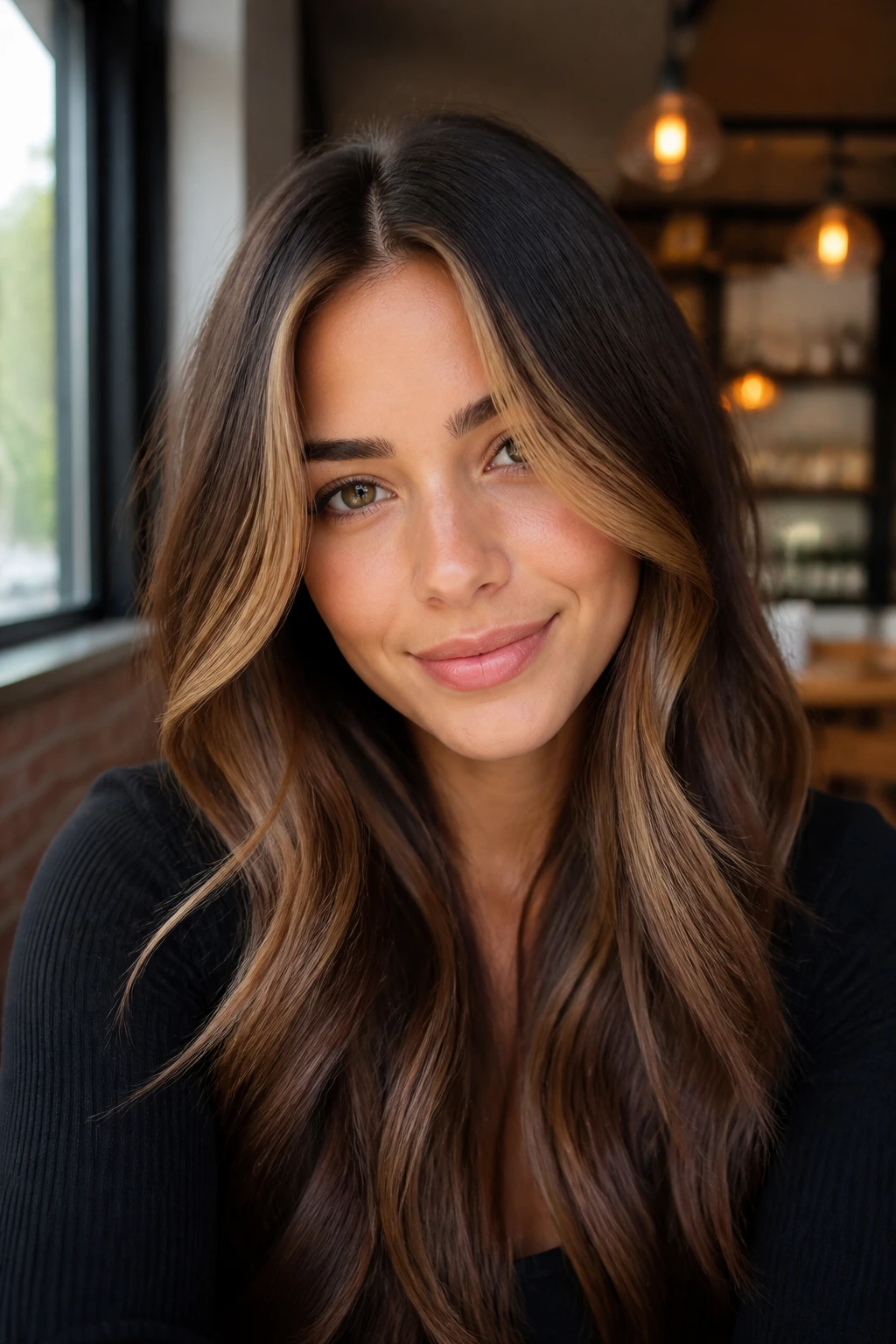 Close-up of brunette hair with a soft caramel money piece melt