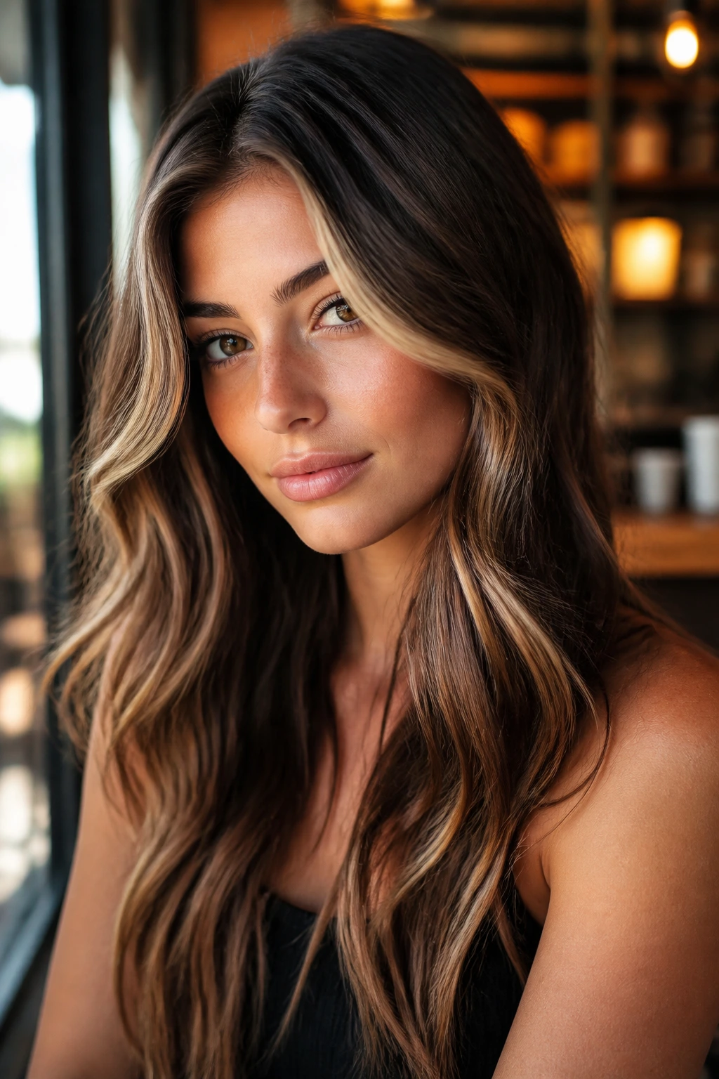 Close-up of a real woman with money-piece highlights in brunette ombre