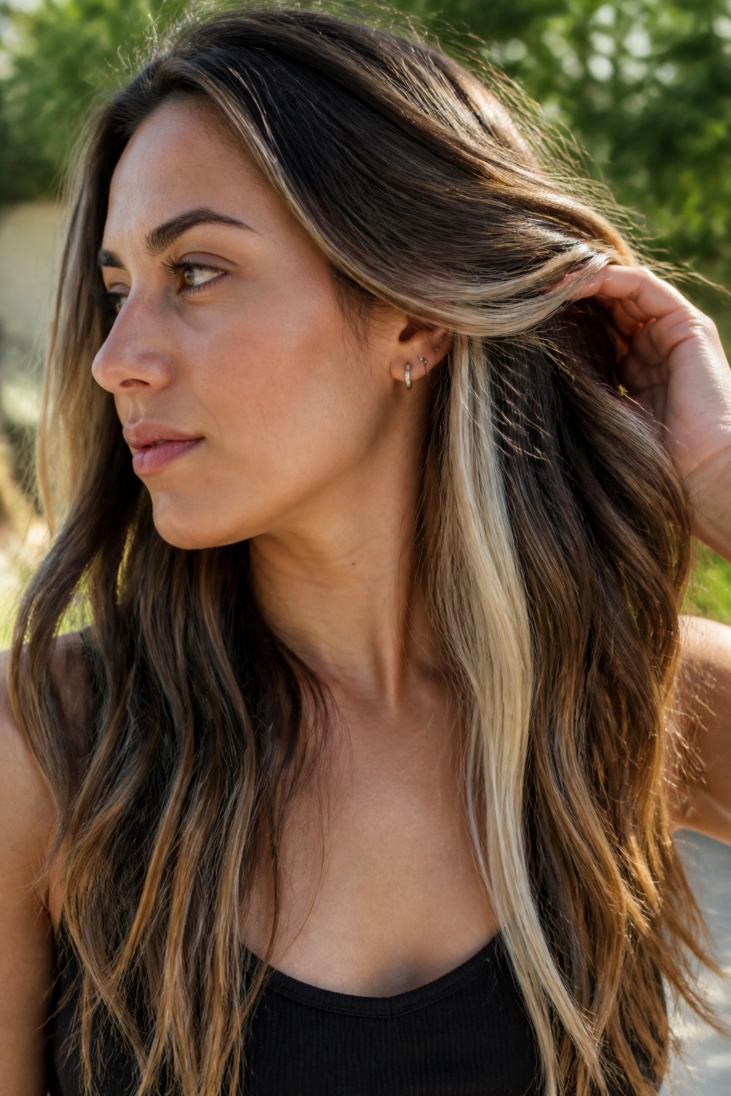 Close-up of a woman with brunette ombré and bright underlayer in natural light