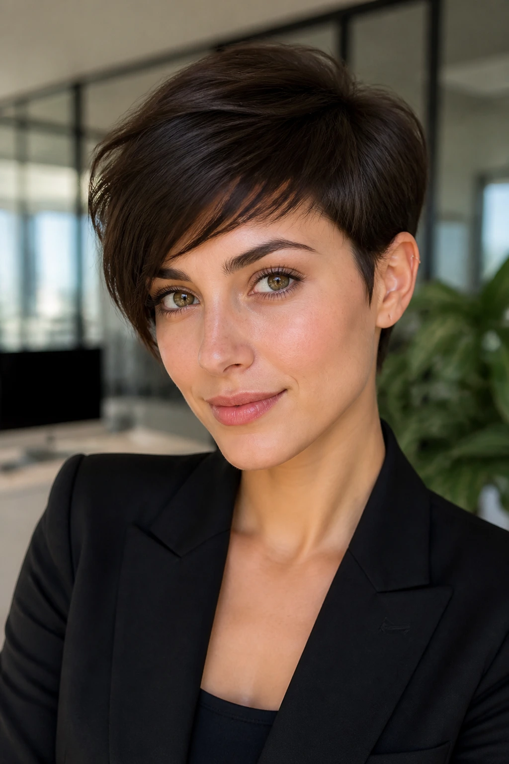 Close-up portrait of a real woman with brunette pixie ear tuck.