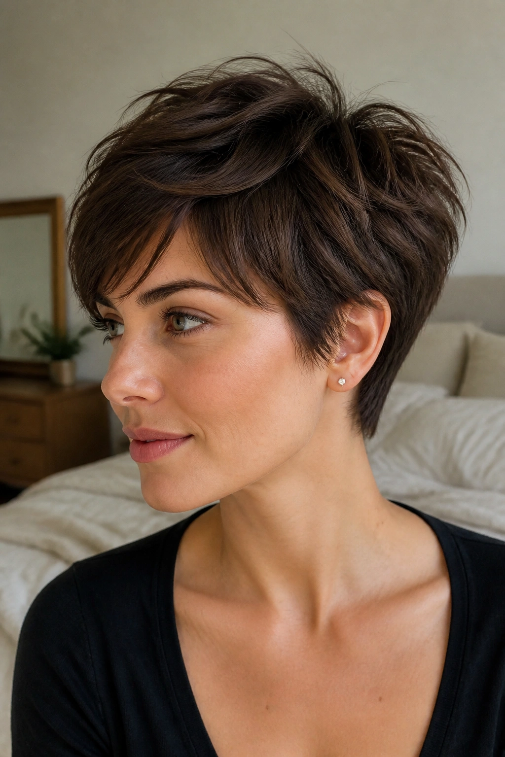 Close-up portrait of a real woman with soft layered brunette pixie, natural window light highlighting movement at crown.
