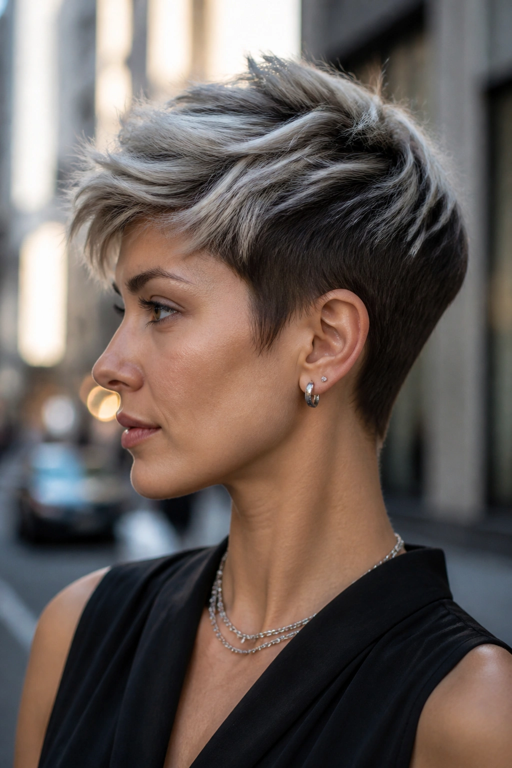 Real woman with brunette pixie and platinum top layer in soft afternoon light.