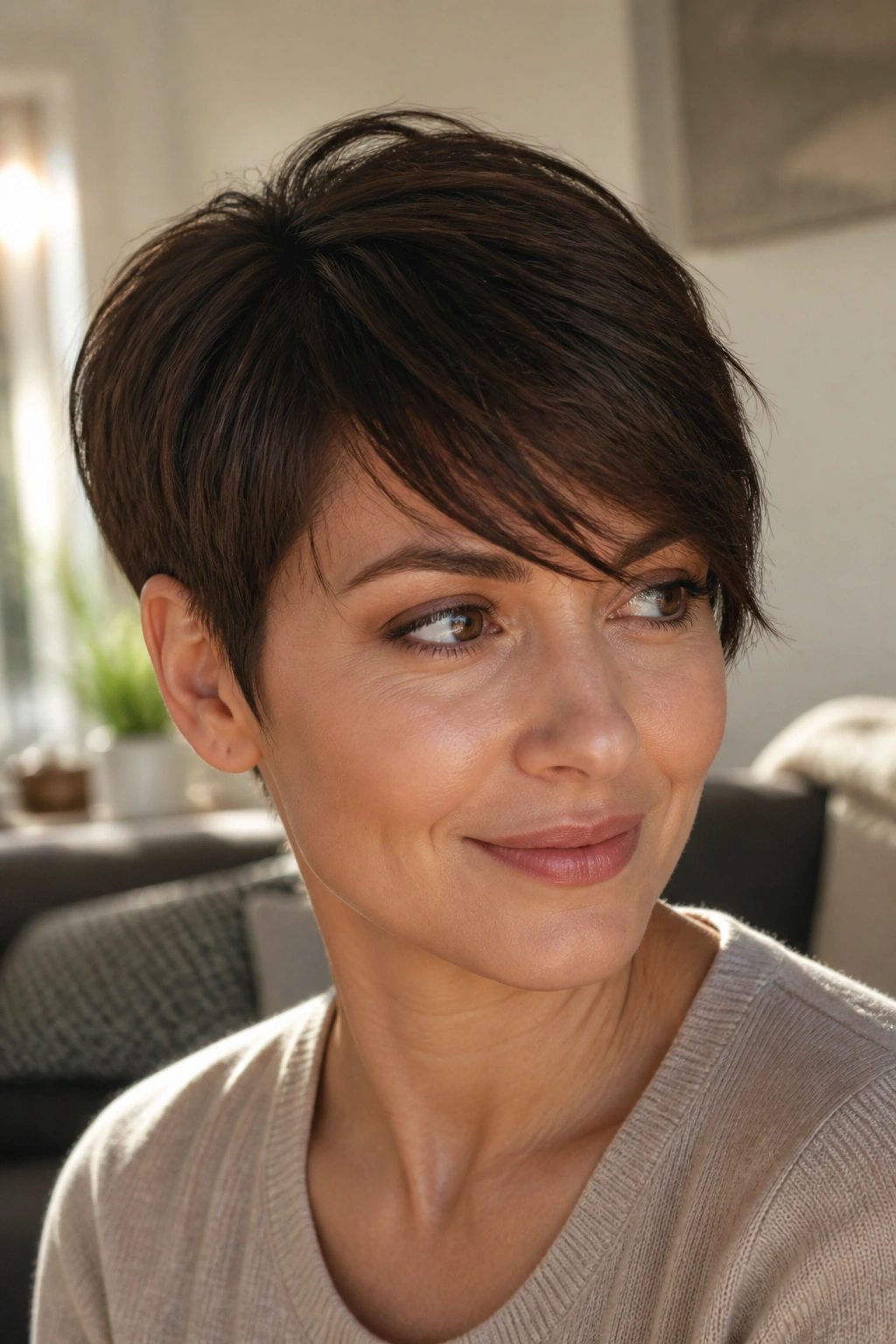Close-up of a real woman with side-swept chocolate pixie fringe, foreground hair creates density at the front.
