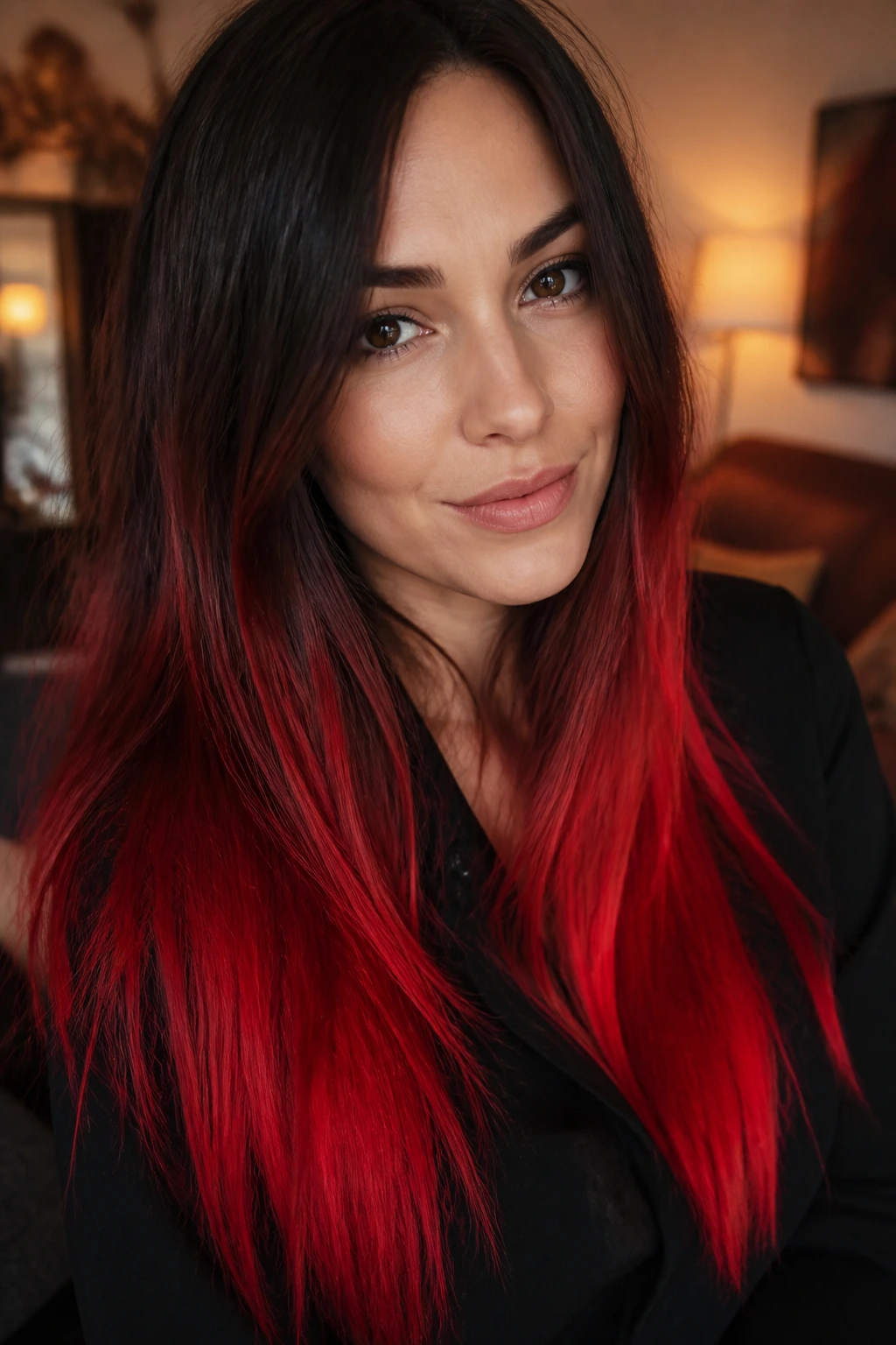 Close-up of brunette hair with fiery red ends on a real person