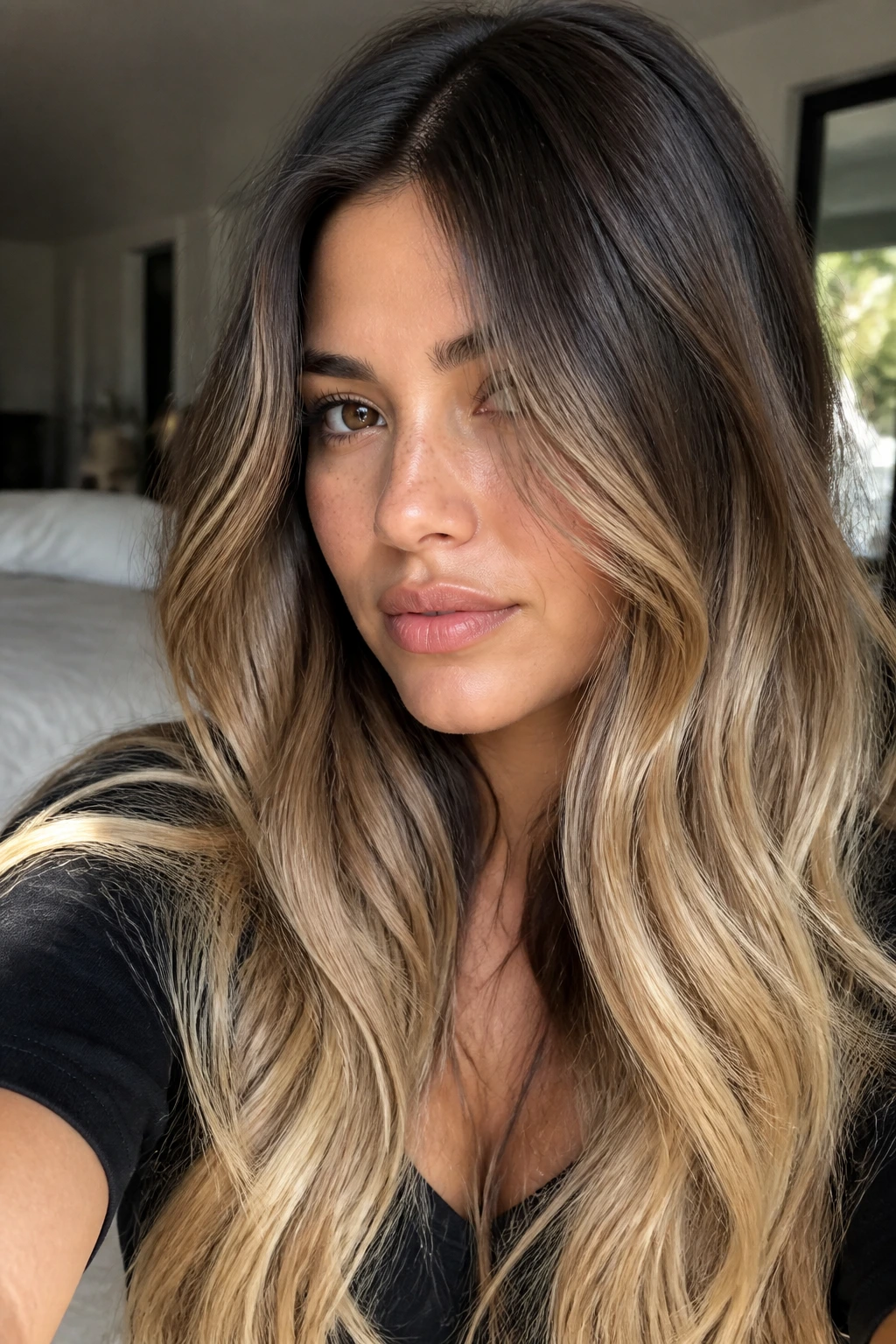 Close-up of brunette root shadow with high-contrast blonde ends