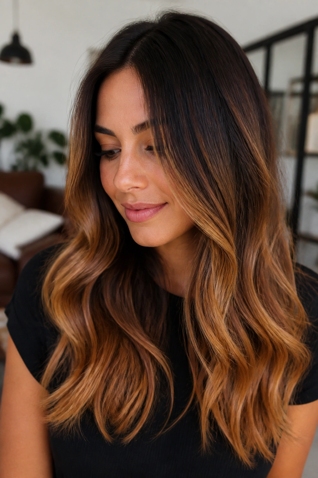 Close-up of a real woman's hair showing deep brunette roots with toasted caramel ends