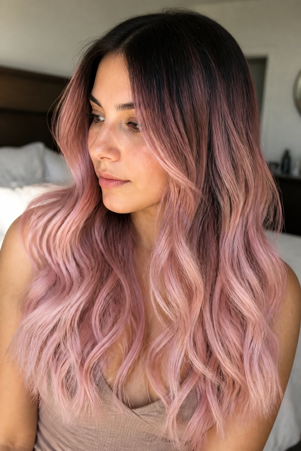 Close-up of real woman with brunette roots fading to pastel pink ombre on long hair
